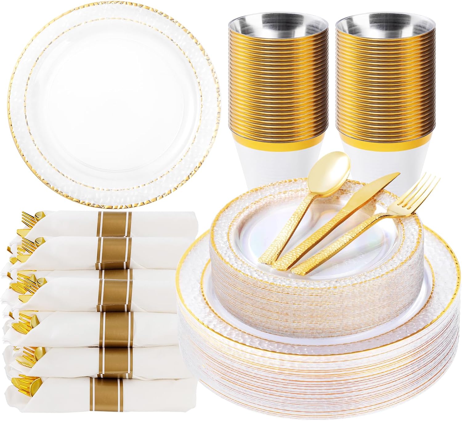 175PCS Clear Plastic Plates with Gold Trim for 25 Guests, Disposable Dinnerware Set for Party & Wedding, Includes 50 Plastic Plates, 25 Pre Rolled Napkins with Gold Silverware, 25 Cups