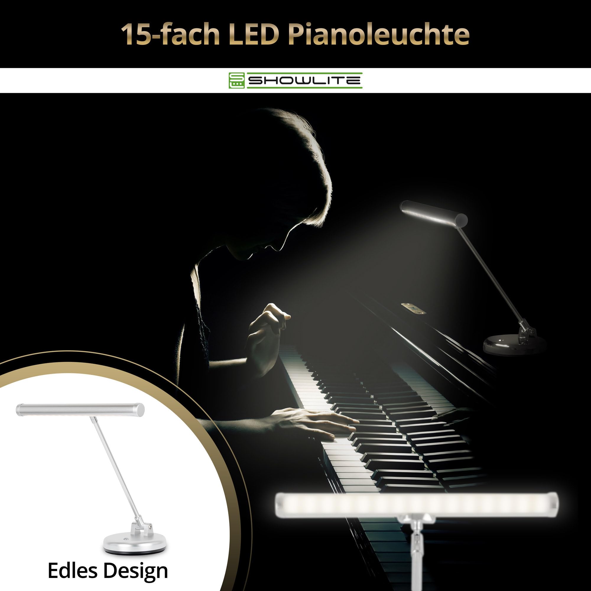 Showlite PL-1-SL-KW LED Klavierleuchte - Klavierlampe mit 15 LEDs - kaltweißes Licht in 2 Stufen - 36 cm Höhe - Betrieb per USB, Netzstrom oder Batterie - silber matt