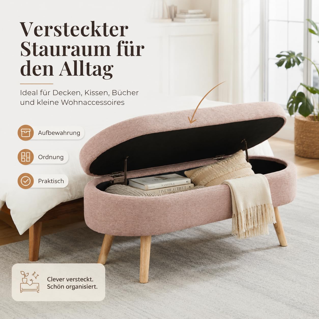 Sitzbank mit Stauraum, Polsterbank 110 cm mit Klappdeckel, Bettbank für Schlafzimmer, Flur & Wohnzimmer, Chenille-Optik,Holzbeine, bis 150 kg belastbar (Rosa)