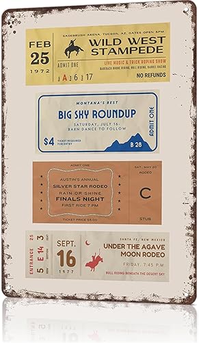 Letrero de metal vintage con texto en inglés "Rodeo Tickets", retro, minimalista, Wild Western Cowboy Rider, 1970, Austin, Texas, Tickets, póster