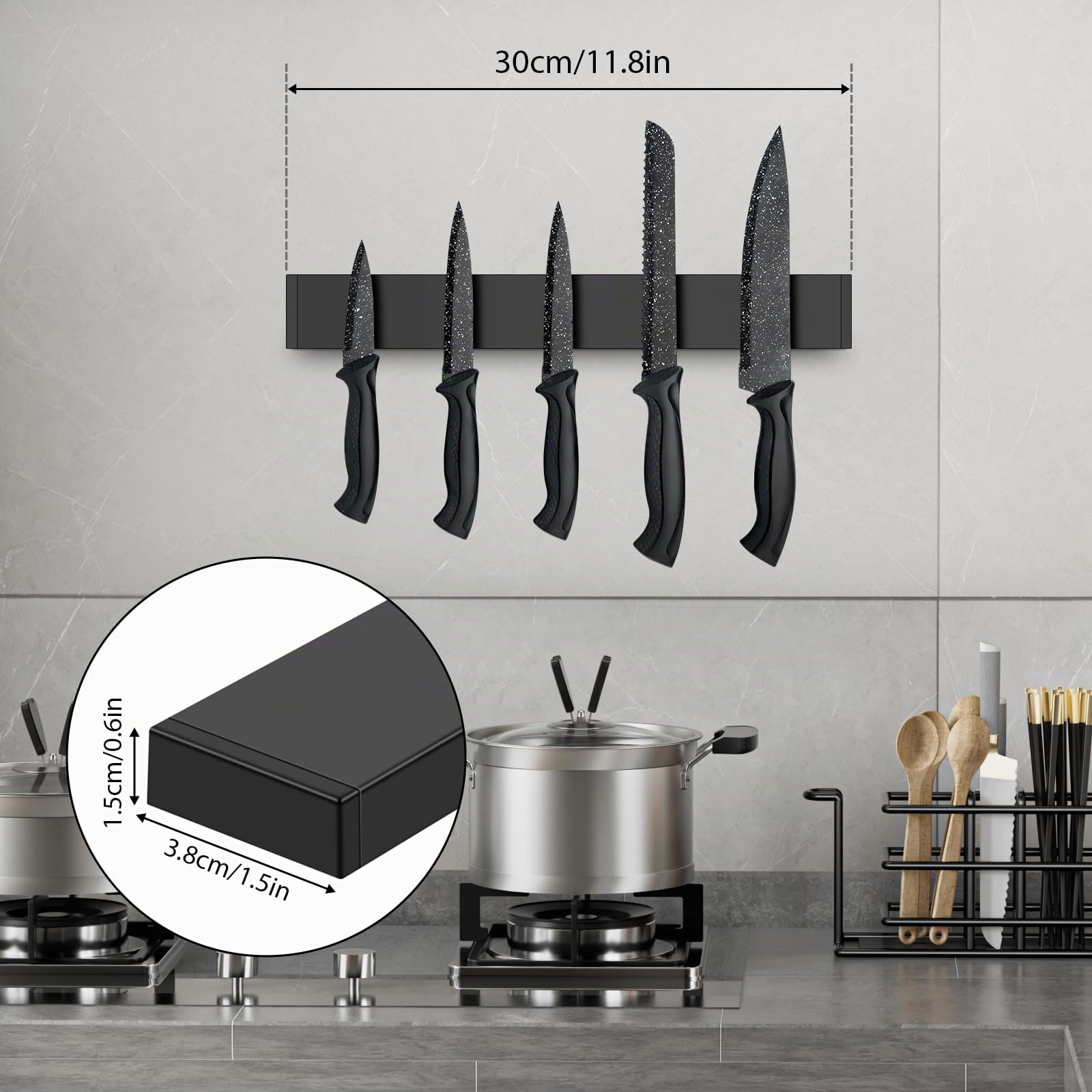 Porte Couteaux Aimanté 30cm, INOX Aimant Couteau Mural, Barre Aimantée pour Couteaux et Ustensiles, Barre Magnétique sans Perçage pour Cuisine, Noir