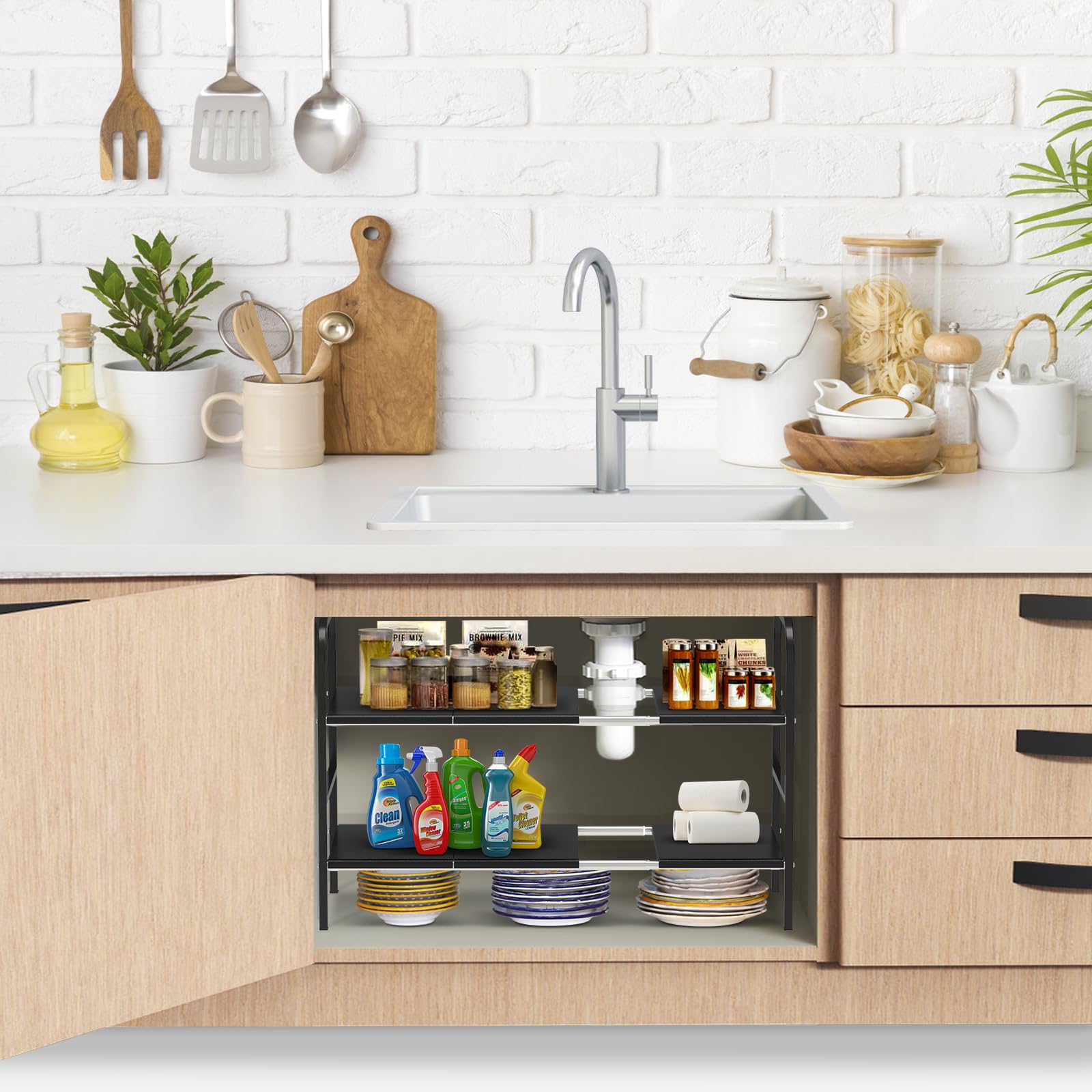 HADWER Expandable 2-Tier Under Sink Organizer, 8 Removable Plastic Boards, Tool-Free Installation (Black, 2-Tier 8 Boards)