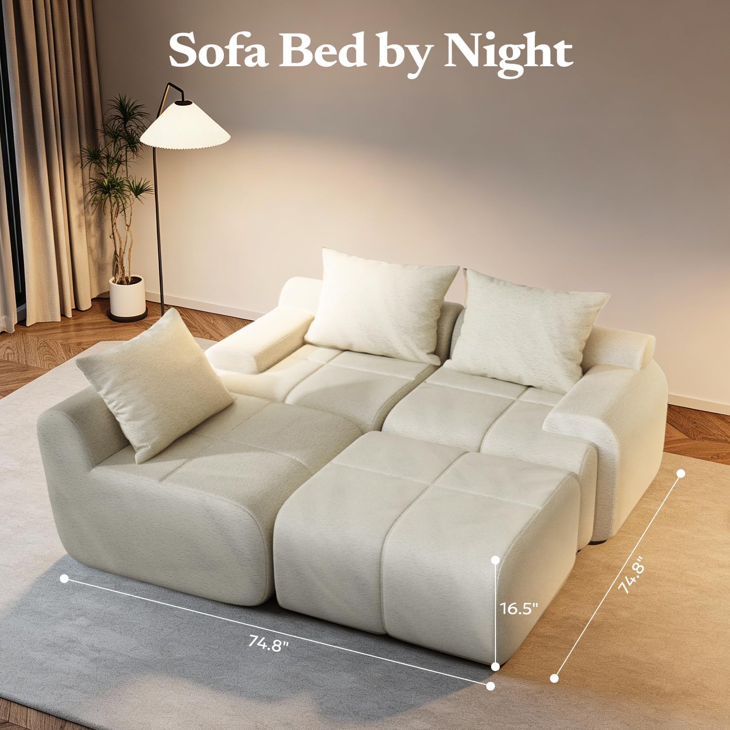 Furnify 114" Cloud-Loaf Modular Sectional Sofa with Ottoman, Soft Chenille Corduroy Couch for Living Room, 67" Deep Seat L-Shaped Sofa Set, Boneless Comfy Memory Foam Couches, No Assembly, Cream White | Modular Design