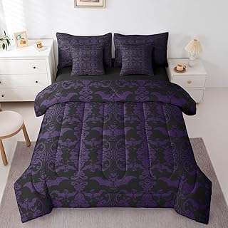 jejeloiu Adults Purple Damask Pattern Comforter Set with Sheets Full Size 7 Pieces Bat Vintage Boho Floral Baroque Style Bedding Set for Boys Girls Teens Halloween Theme Bed in a Bag Room Decor