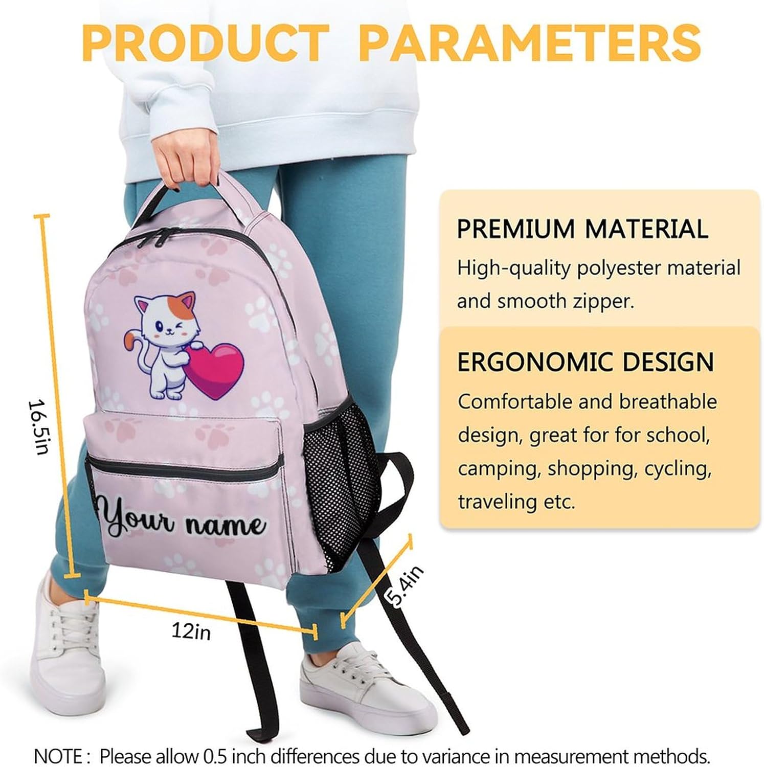 Custom Cat Backpack for Girls Boys, 16 Inch Pink Backpacks for School, Cute Lightweight Durable Bookbag for Kids