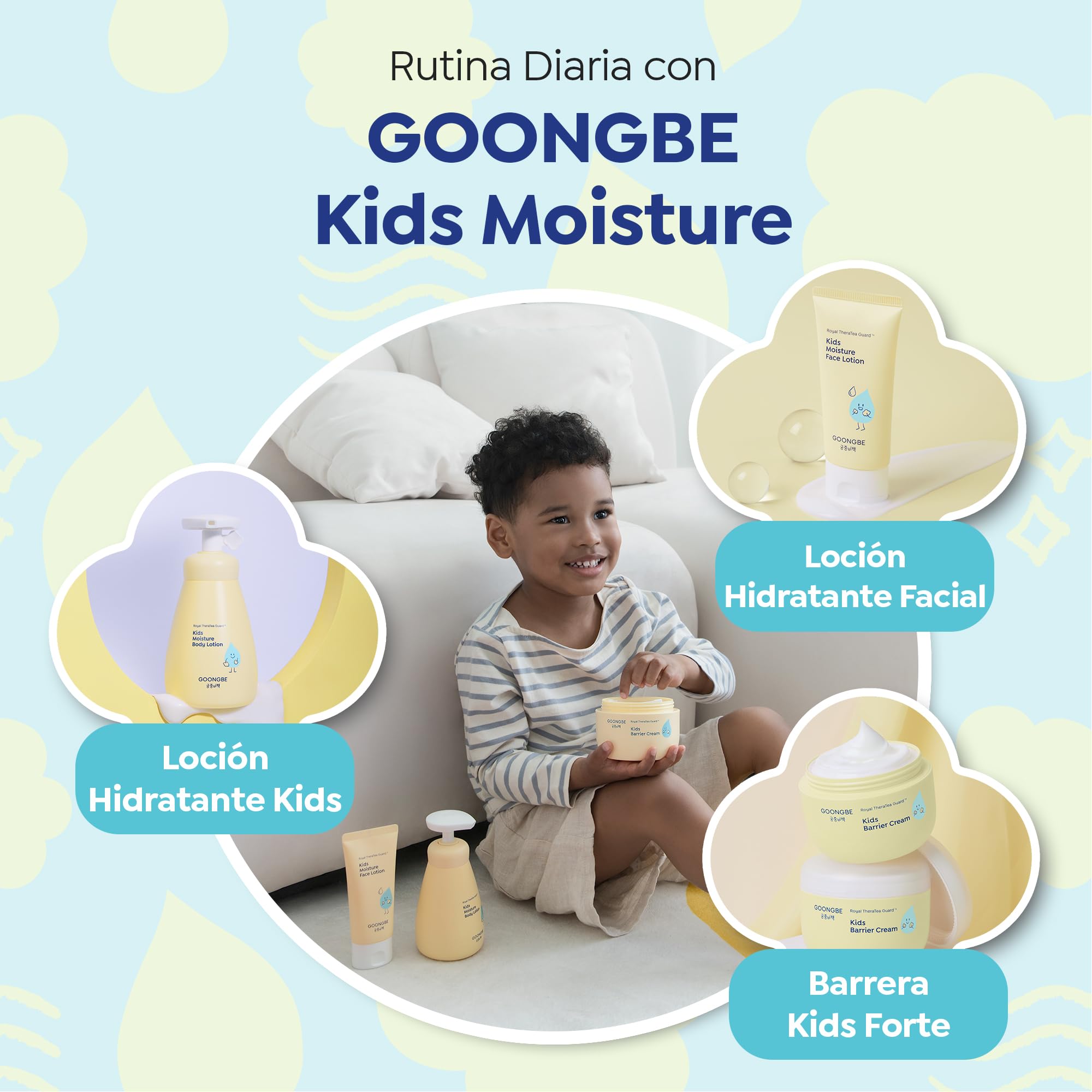 GOONGBE Loción facial hidratante para niños, hidratación facial diaria para niños coreanos, crema hidratante refrescante de 8 horas con Cica y alantoína, fragancia sin alérgenos,