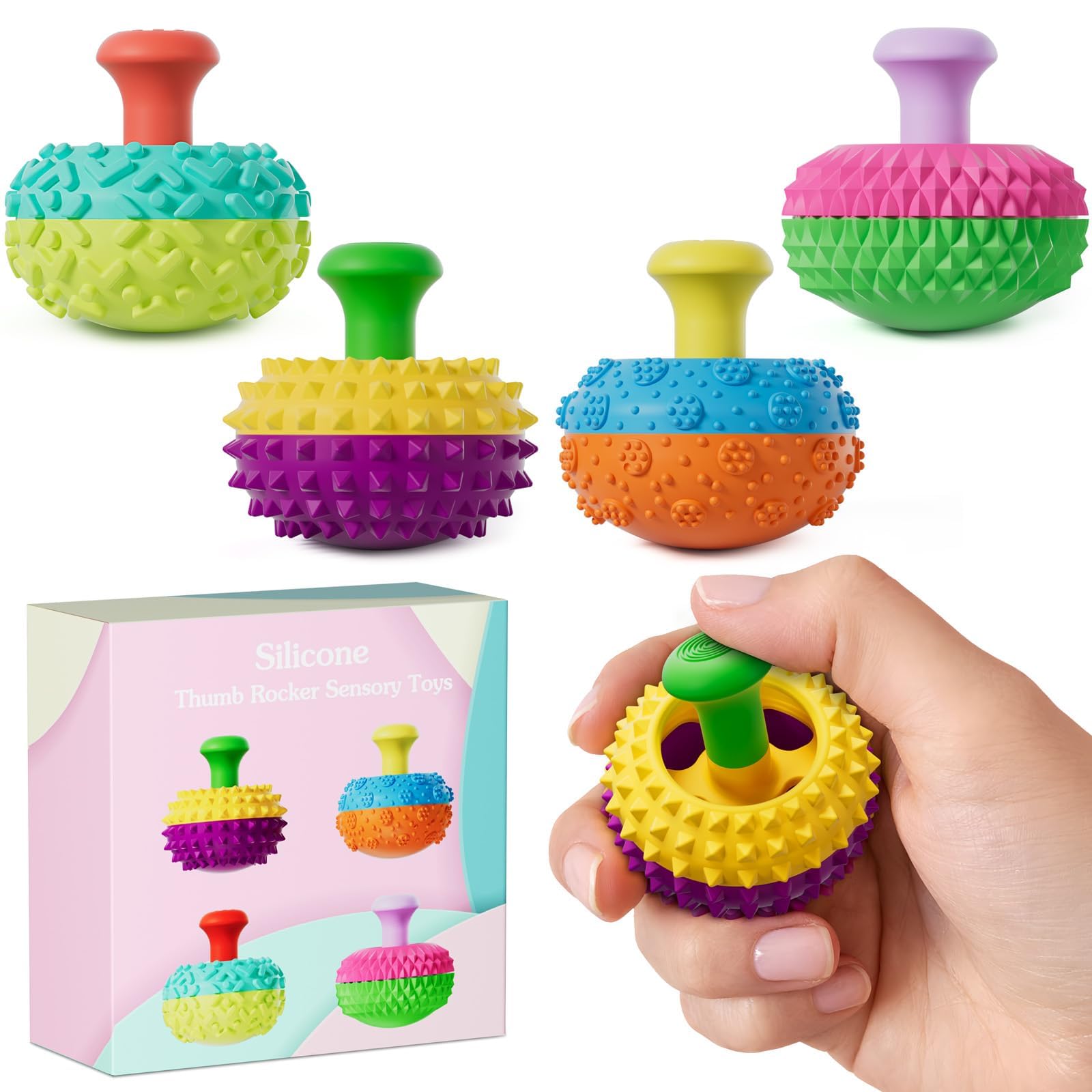 Bambebe Silicone Thumb Rocker Fidget Toys 4PCS – Sensory Stress Relief Set for Adults & Kids, Textured Gadgets for Autism ADHD Anxiety, Office Desk Toy, Quiet Fidget Pack
