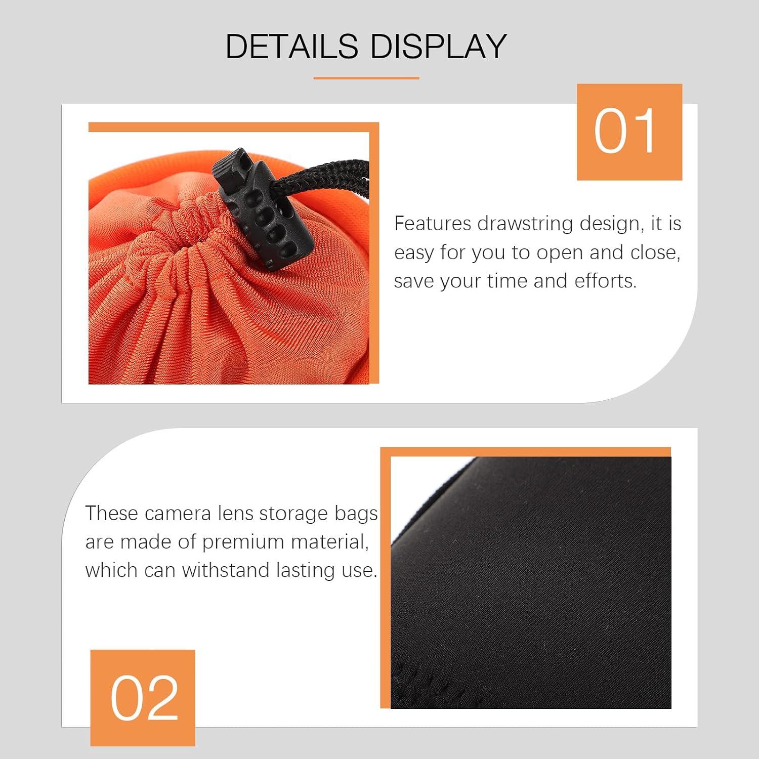 Veemoon Waterproof Camera Lens Storage Bags Set with Drawstring Closure, Thickened Neoprene Padded Lens Protector Cases in Orange, S/m/l/xl Sizes for Outdoor Travel Photographers
