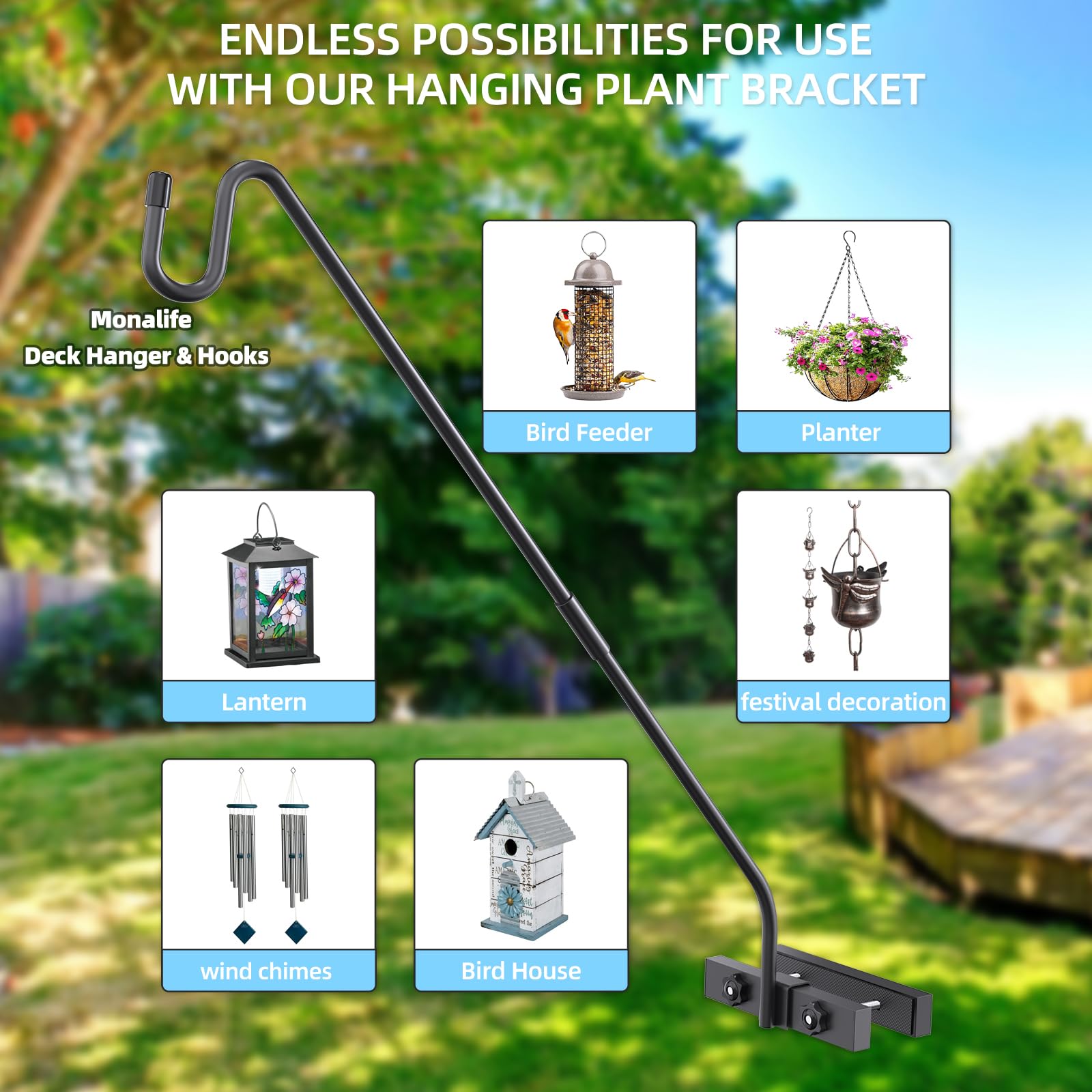 Amazon.com: Monalife Deck Hook Railing Mount - Heavy Duty Metal Shepherds Hook  Bracket for Outdoor Plant Hanger, Bird Feeder Hanger, Plant Hooks, Flower  Baskets, Lanterns - 360 Rotating Pole, Extended Arm :