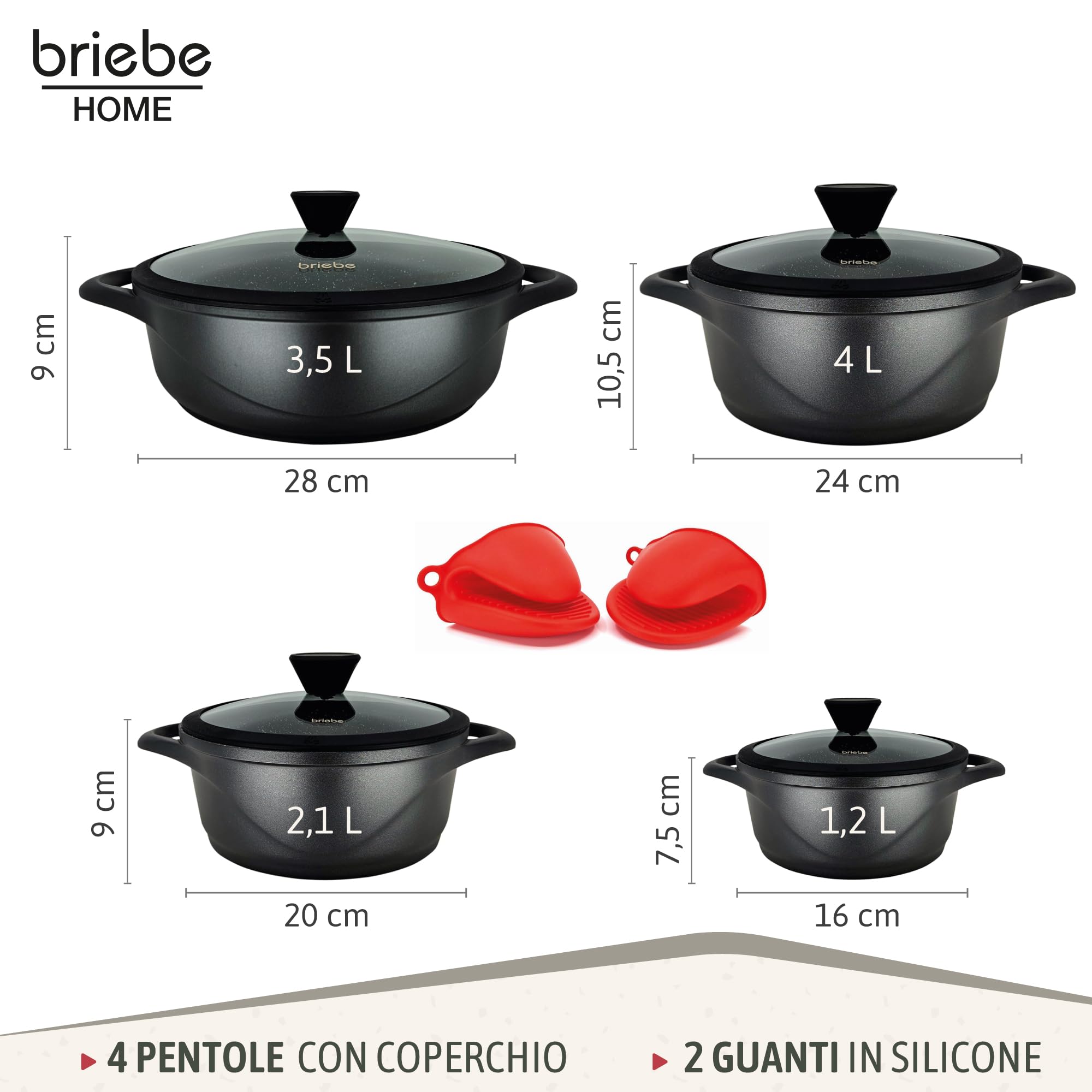 briebe Set Pentole Induzione Batteria 8 Pezzi, 4 Casseruola, Alluminio Pressofuso, Antiaderente ILAG GRANITEC senza PFOA, Coperchi in Vetro, Guanti in Silicone, Vetroceramica, Gas, Forno, MGK-17S