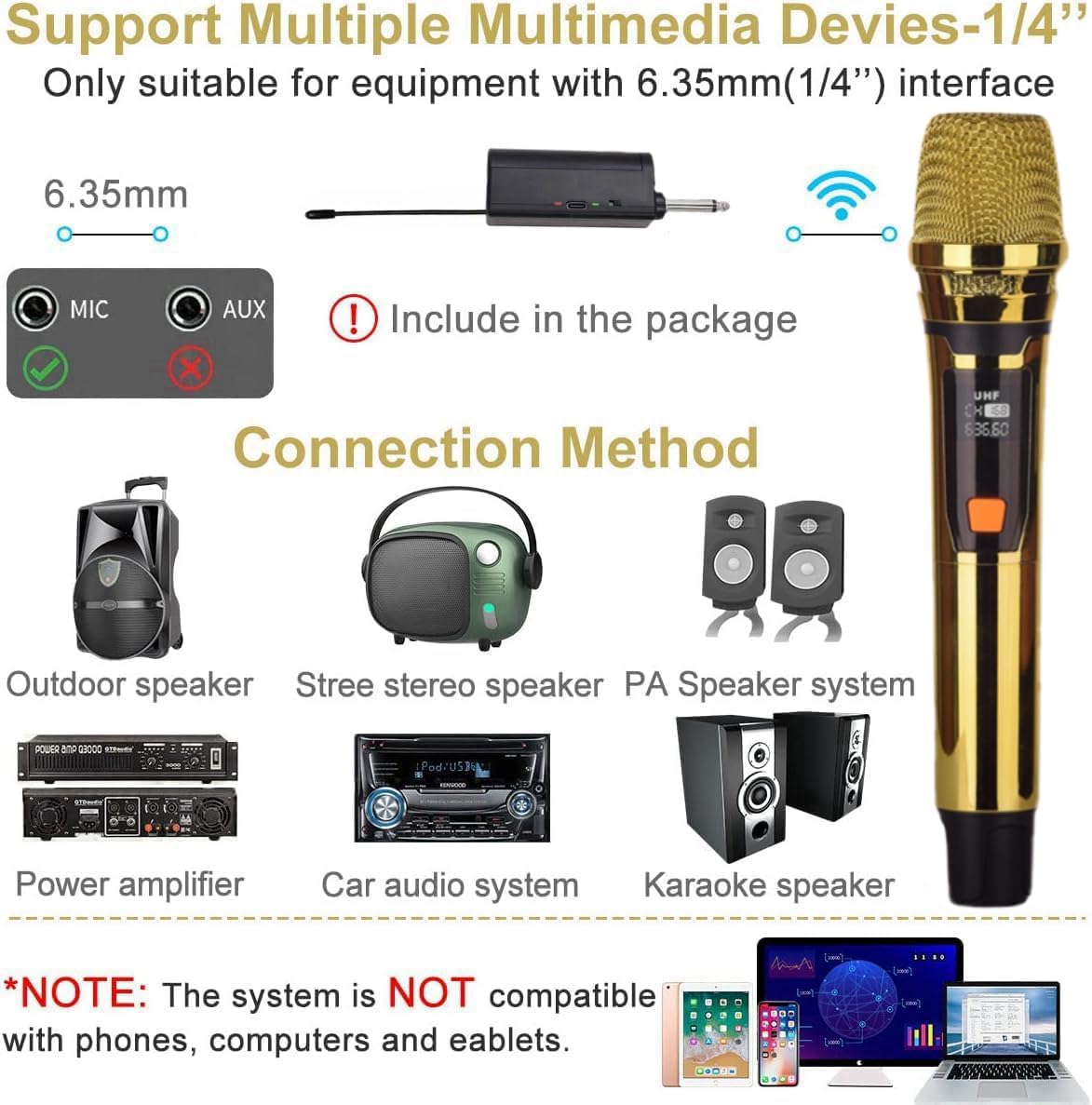Handheld Wireless Microphone, Can imitate 4 types of sounds, 2Gold Handheld UHF Microphone,200Ft, Handheld Wireless Mic for large stage Singing Karaoke Wedding Party Speech Church Class Use PA System - Image 2