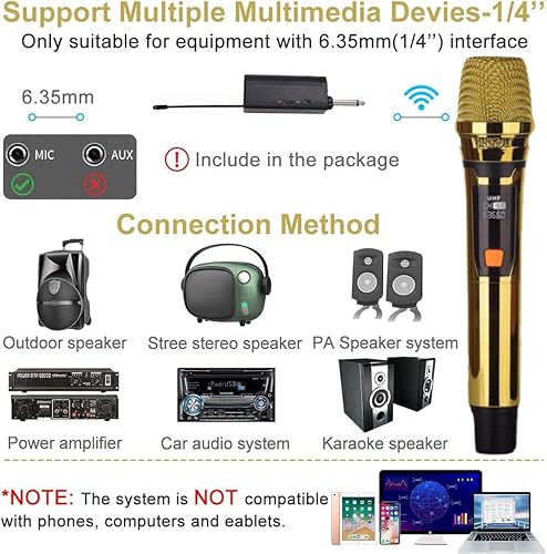 Micrófono inalámbrico de mano, puede imitar 4 tipos de sonidos, 2 micrófonos UHF de mano dorados, 200 pies, micrófono inalámbrico de mano para gran