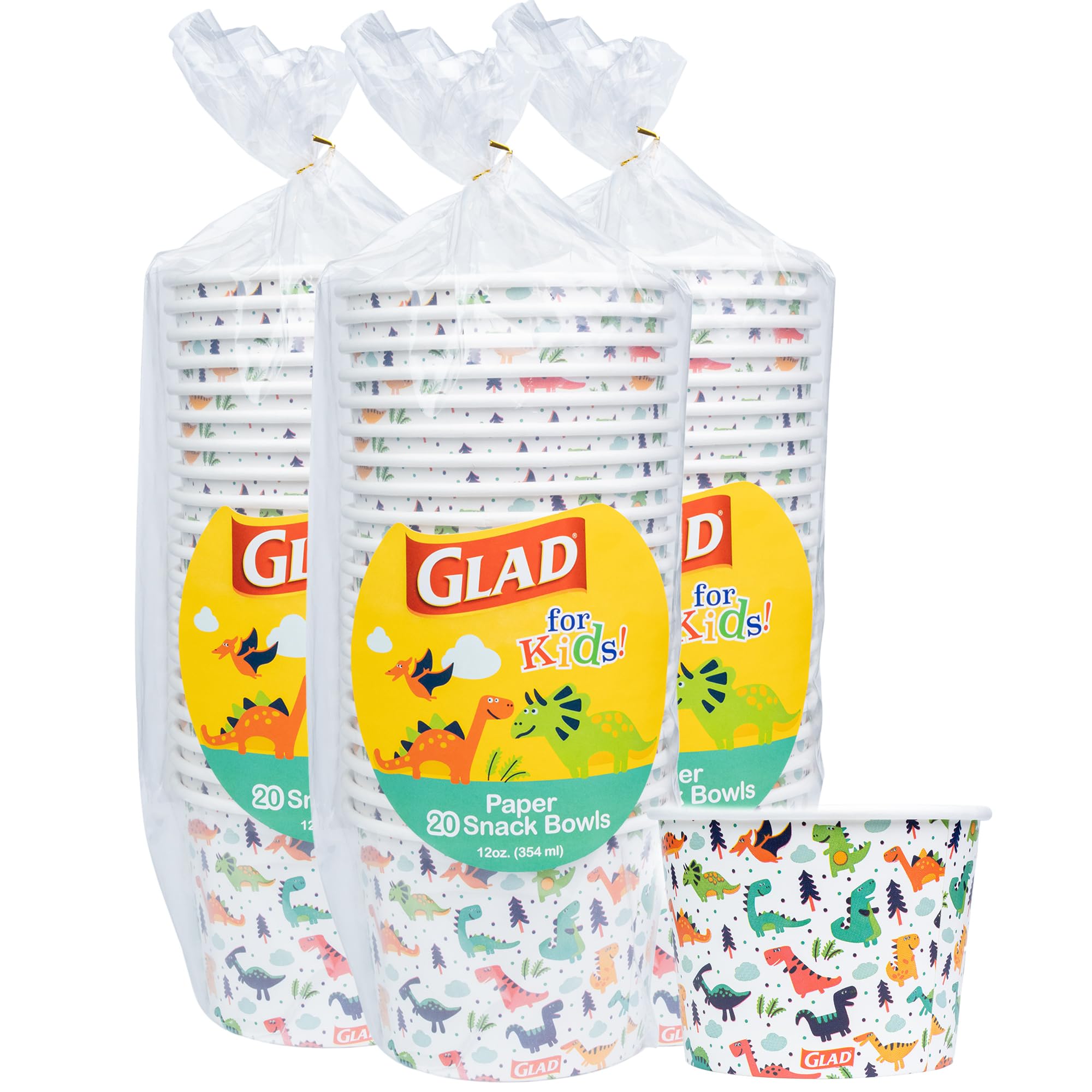 Glad for Kids Dinosaurs Paper Snack Bowls, Colorful Heavy Duty Microwave Safe Disposable Bowls for Soup, Ice Cream, and Snacks, Lids Not Included,