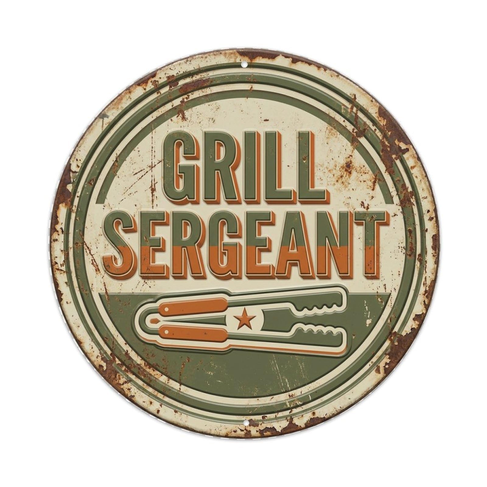 Grill Sergeant Vintage Indoor Ornament Retro Slogans Vintage Metal Tin Sign Plaque Wall Decor for Cafe, Club, Garden Round Metal Poster 8x8Inch