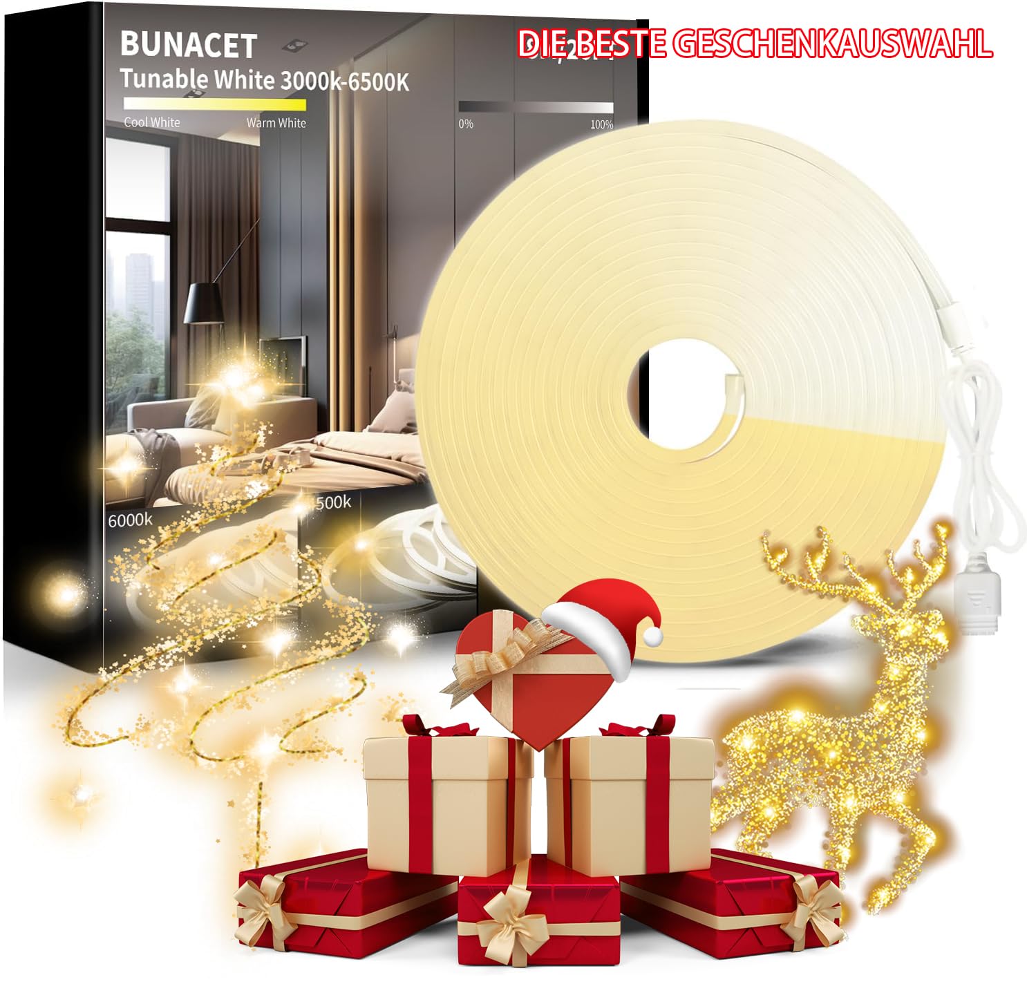 Tira LED Neon 8M Blanca Cálida 3000K-6500K Blanca Frío Tira Luz LED Regulable Superbrillante con Mando Distancia y Fuente Alimentación Luces de Cinta LED Flexible para Cocina, Dormitorio