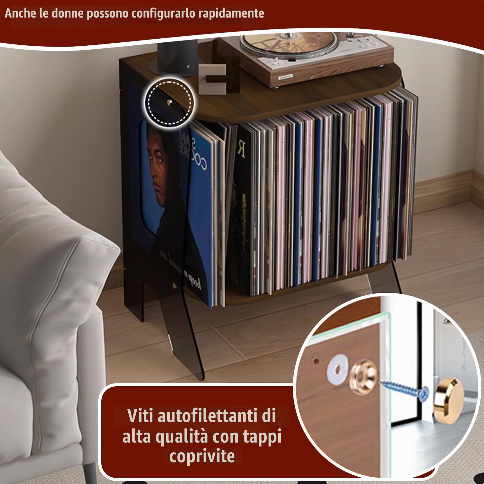 Mobile per Giradischi Porta Vinili Tavolino per Giradischi Capacità 40 Dischi, Mobile Audio Design Multifunzione per Soggiorno, Camera da Letto, Ufficio(Black+Red Tea)
