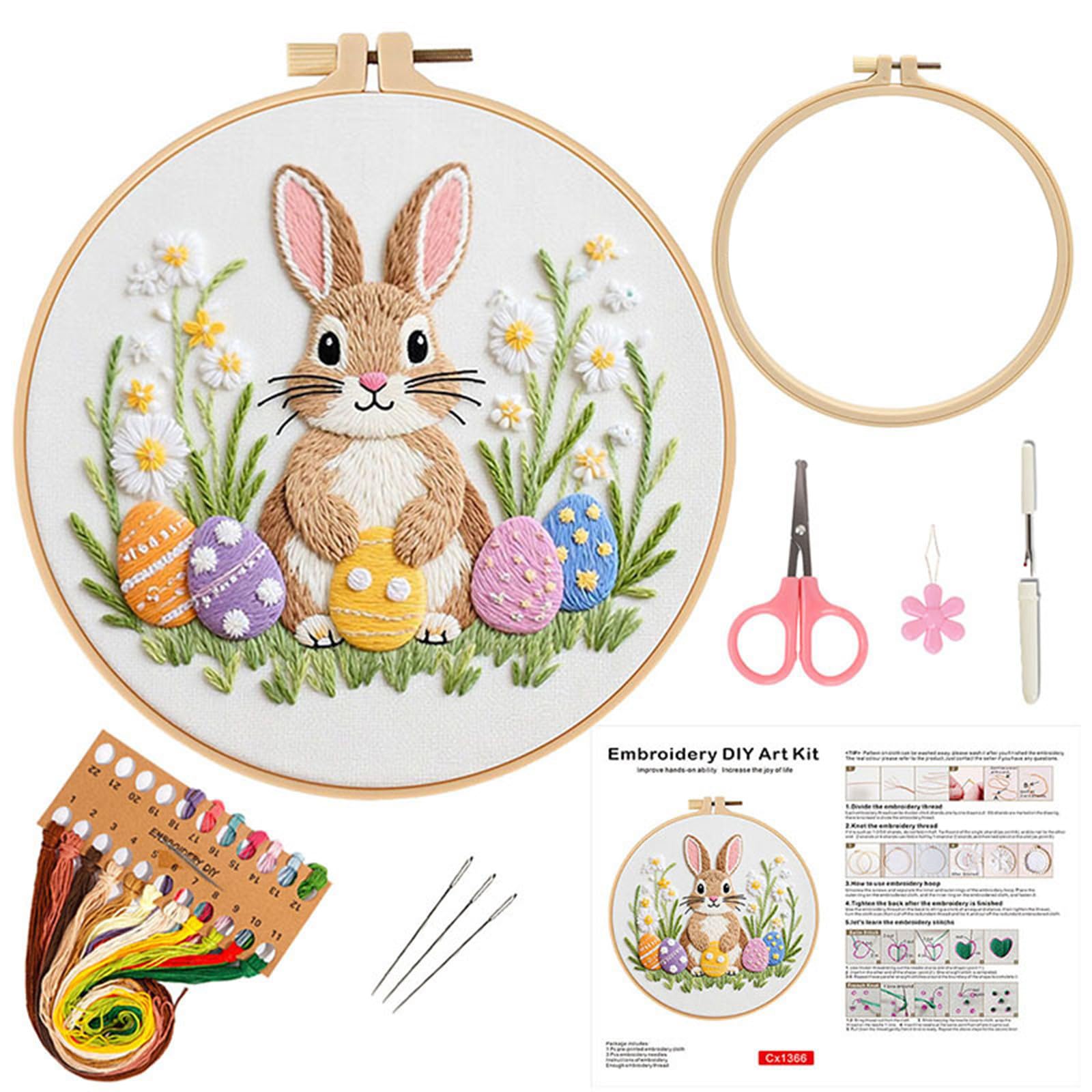 Shntig Relaxing Easter Rabbits Embroidery Activity Set for Stress Relief Includes All Tool Need and Simple Guides Easter Rabbits Embroidery Complete with Cotton Fabric for Creative Fun