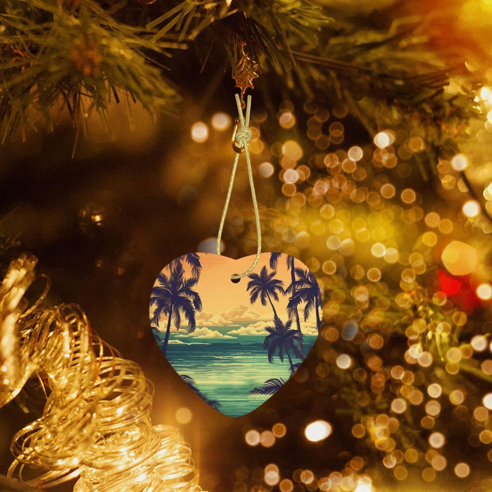 Christmas Heart Shaped Ornaments 1 Pcs, Double-Side Ceramic Xmas Tree Hanging Ornament with Gold String Palm Trees and Beach Personalized Porcelain 2025 Christmas Pendent