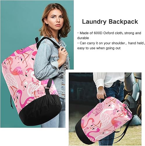 Miniatura 6 de Bolsa de lavandería flamenco, mochila grande y resistente con correas ajustables para el hombro, mochila de lavandería para viajes, organizador de