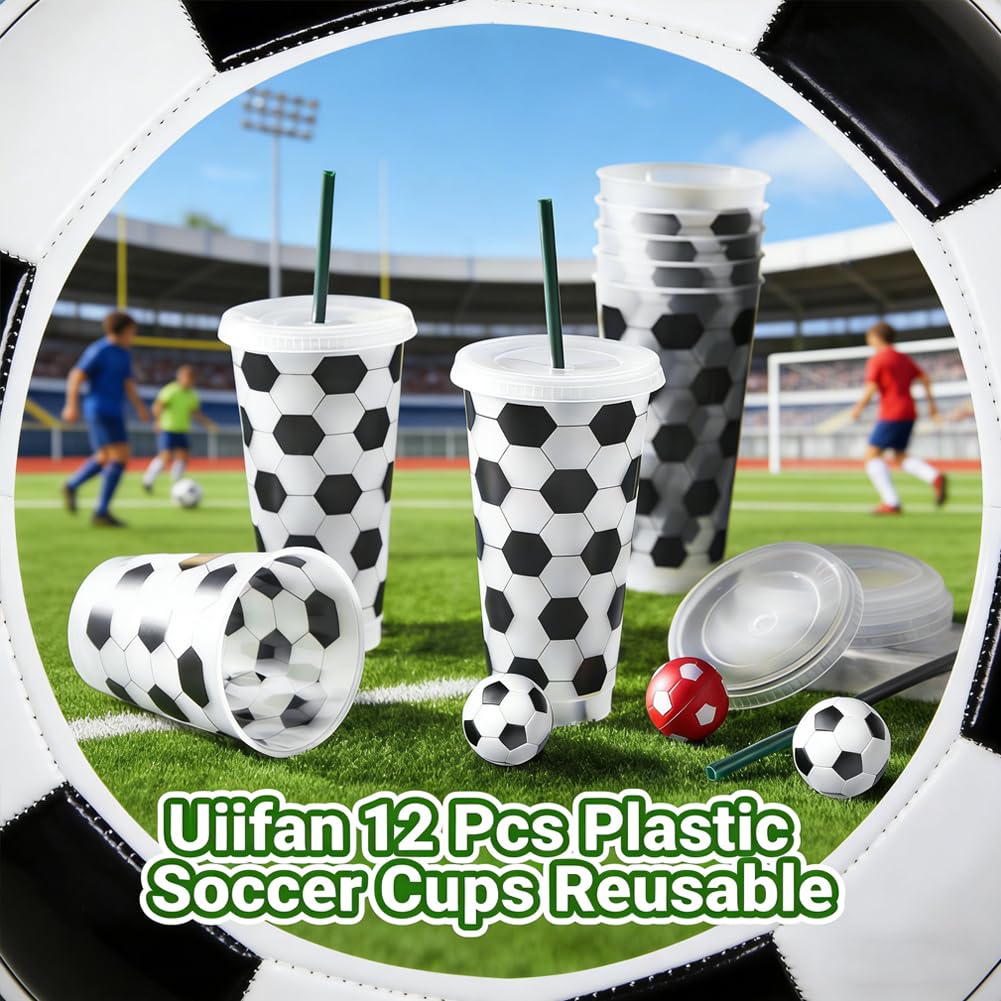 Set di 12 Bicchieri di Plastica a Tema Calcio 710ml con Coperchio e Cannuccia, Tumbler Riutilizzabile per Feste Compleanno, Decorazione per Party Sportivi, per Bambini e Adulti (Cannuccia Verde)