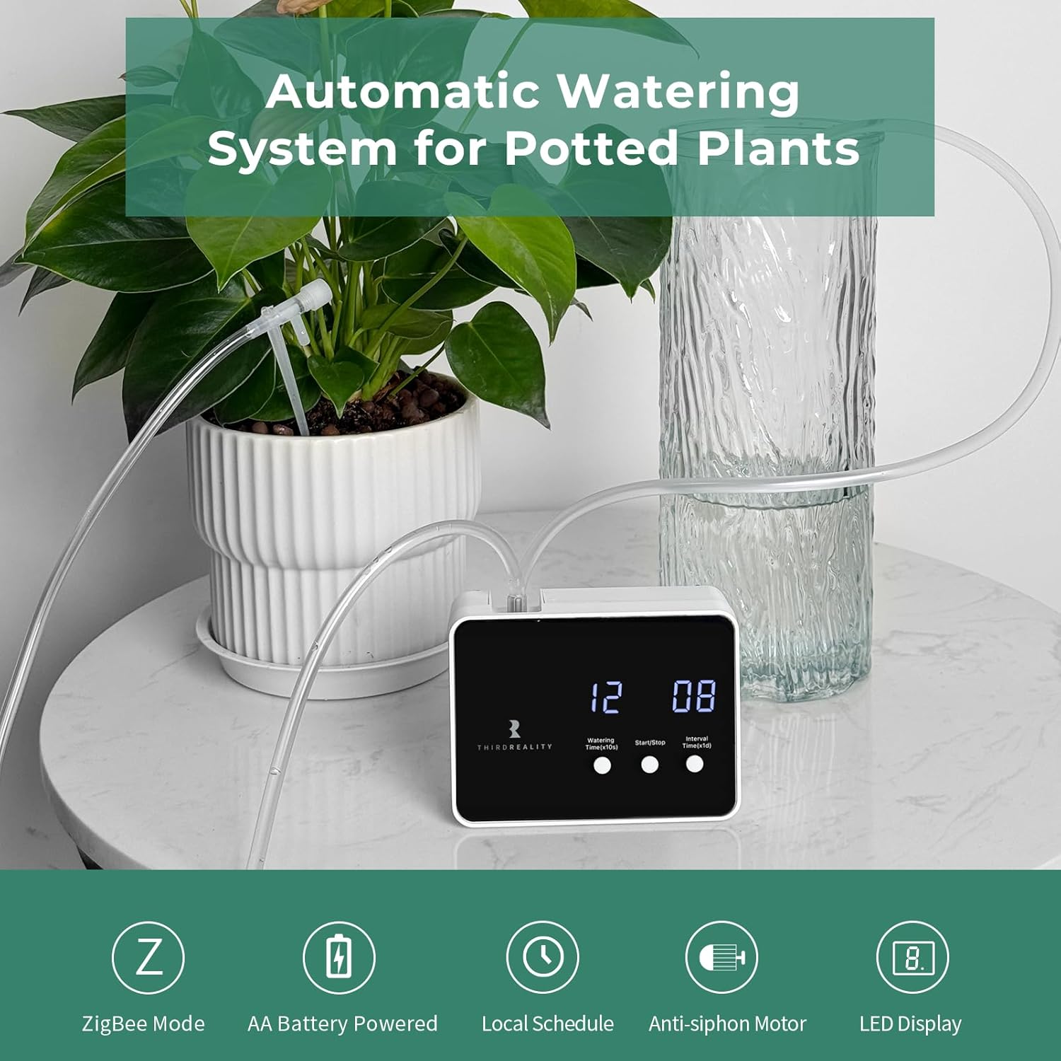 THIRDREALITY Zigbee Smart Watering Kit for Potted Plants, Indoor Plant Watering System, Hub Required, Compatible with Echo Devices with Zigbee Hub Built-in, Home Assistant, SmartThings, Hubitat, Homey