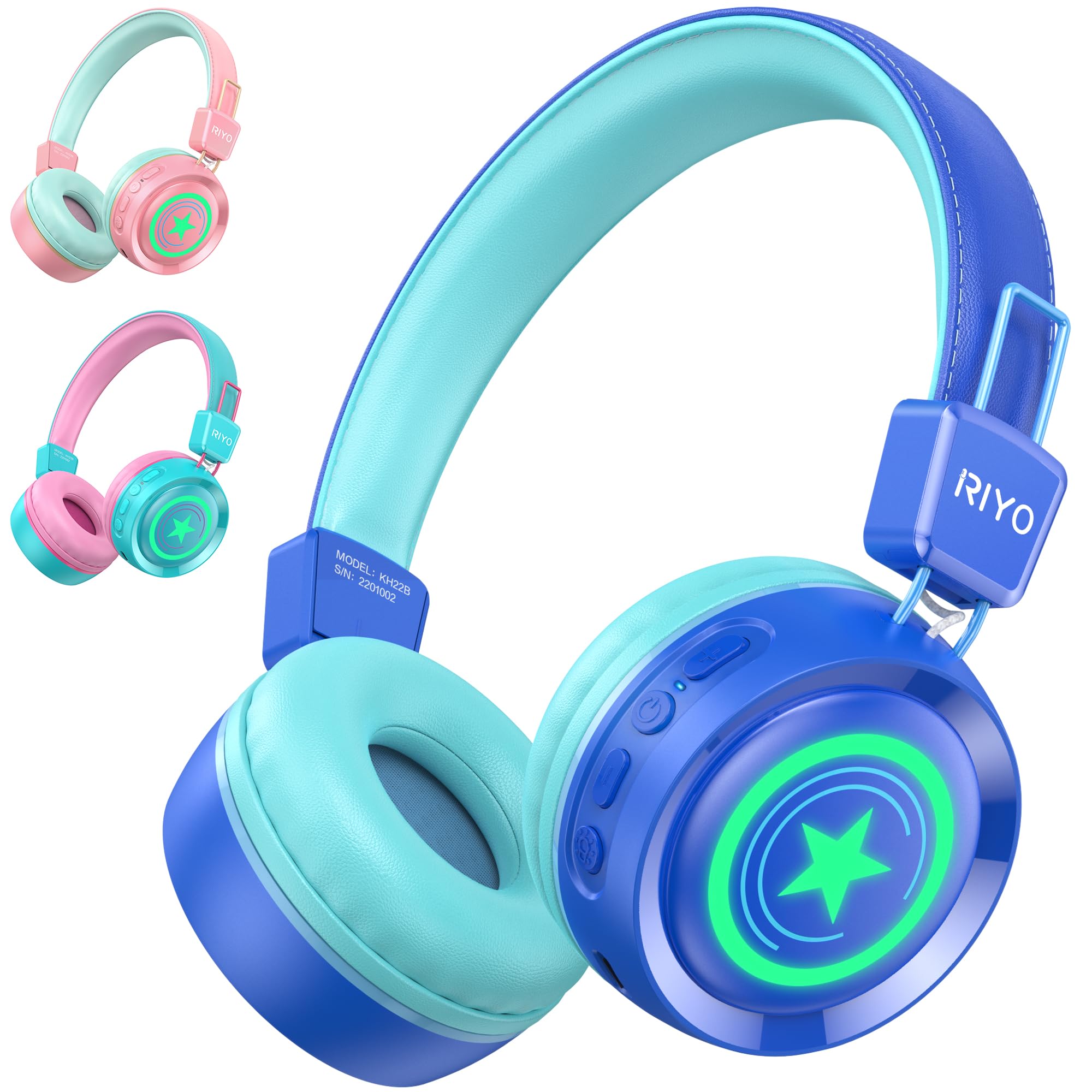 Cuffie Bluetooth Per Bambini Riyo - Volume Limitato 94dB, Luci LED, Pieghevoli, Per Scuola E Viaggi