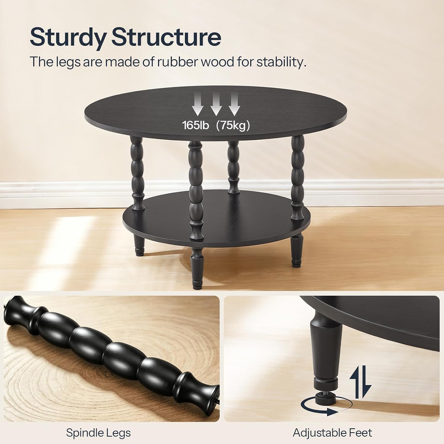 HOOBRO Coffee Table, 2-Tier Round Coffee Table, Mid-Century Modern Coffee Table for Living Room, Center Table with 2-Tier Open Storage Shelf, Home Office, Black BK75KF01