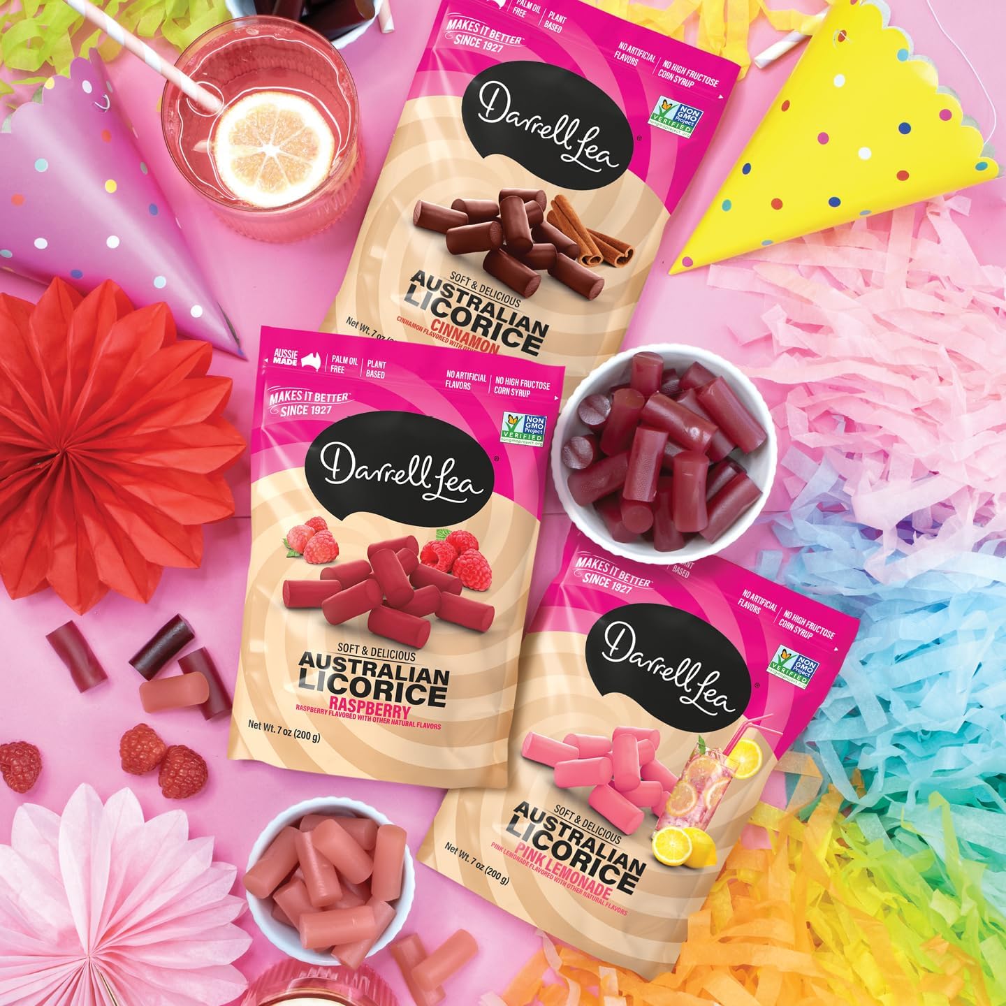 Darrell Lea Soft Australian Licorice, Non-GMO, No Palm Oil, Plant Based, No High Fructose Corn Syrup, Soft & Chewy Licorice Candy, Made in Australia, Raspberry (7 Ounce (Pack of 8))