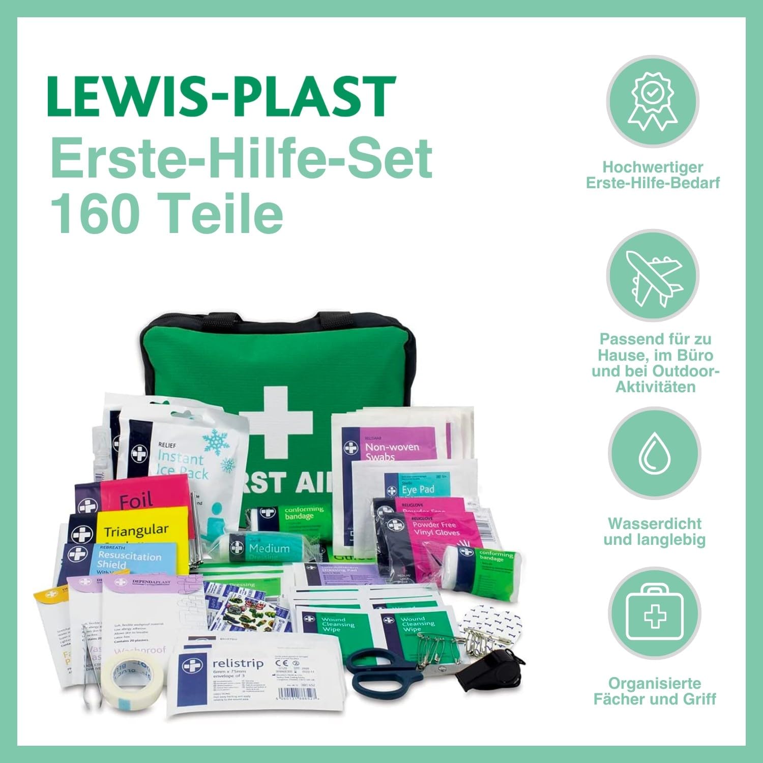 Lewis-Plast Reliance Medical Erste-Hilfe-Set Tasche – 160 Stück Überlebens-Kits – Sicherheits-Essentials für Reisen, Auto, Zuhause, Camping, Arbeit, Wandern, Urlaub – Packzubehör – Medium