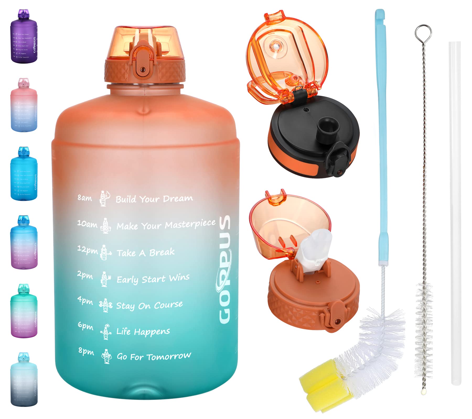 128 oz Gallon Water Bottle With Time Marker Big Water Bottle Motivational 1 Gallon Water Bottle With Straw Large Water Bottle Water Jug With For Drinking , 2 Lids(Straw/Chug Lid),BPA Free,Orange&Green