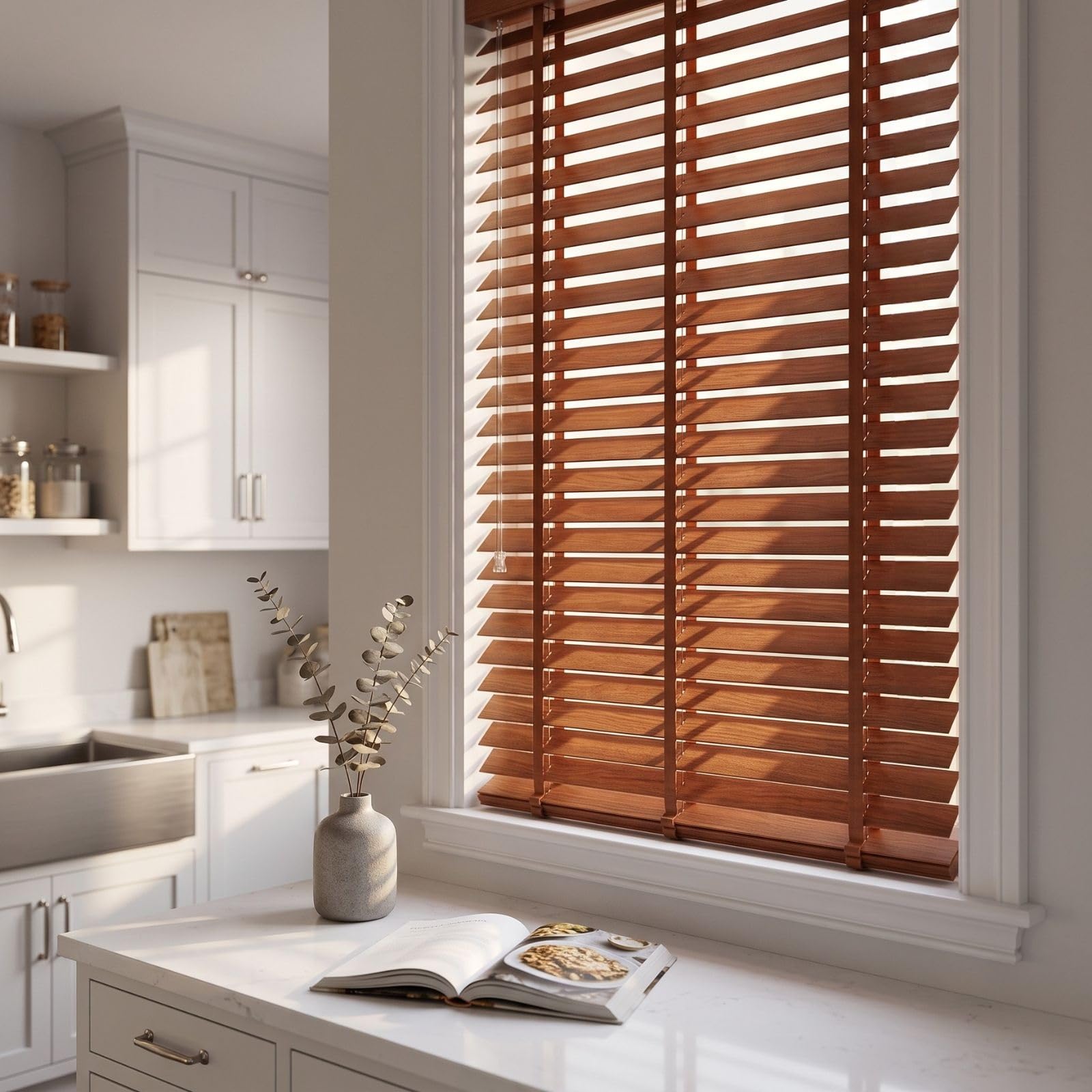 Persianas venecianas sin taladrar de aluminio efecto madera de 50mm para privacidad en el baño