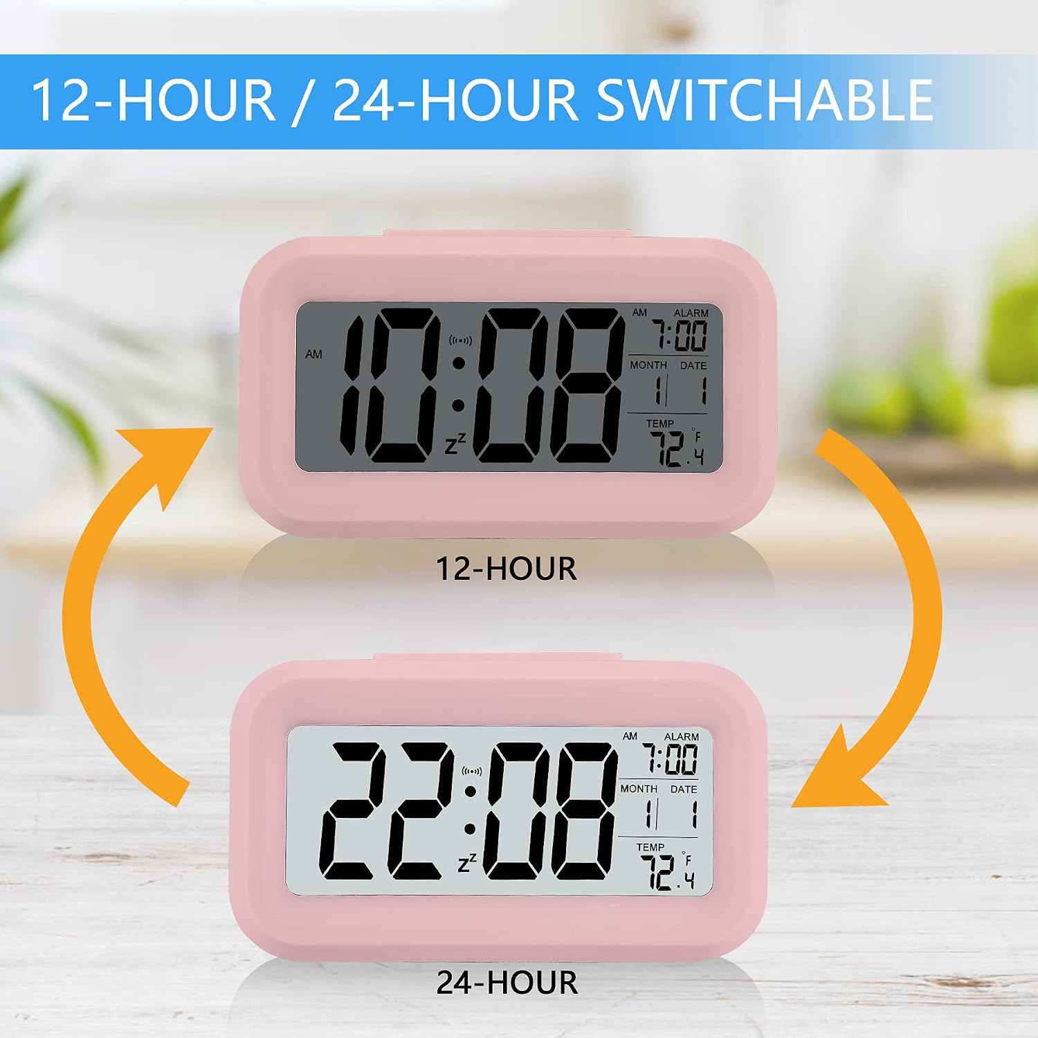 U-pick Alarm Clock for Kids, Digital Alarm Clock for Bedrooms, with Smart Night Light, Snooze, Date, 12/24H, Indoor Temperature, Battery Operated Alarm Clock for Girls Teens Women (Pink)