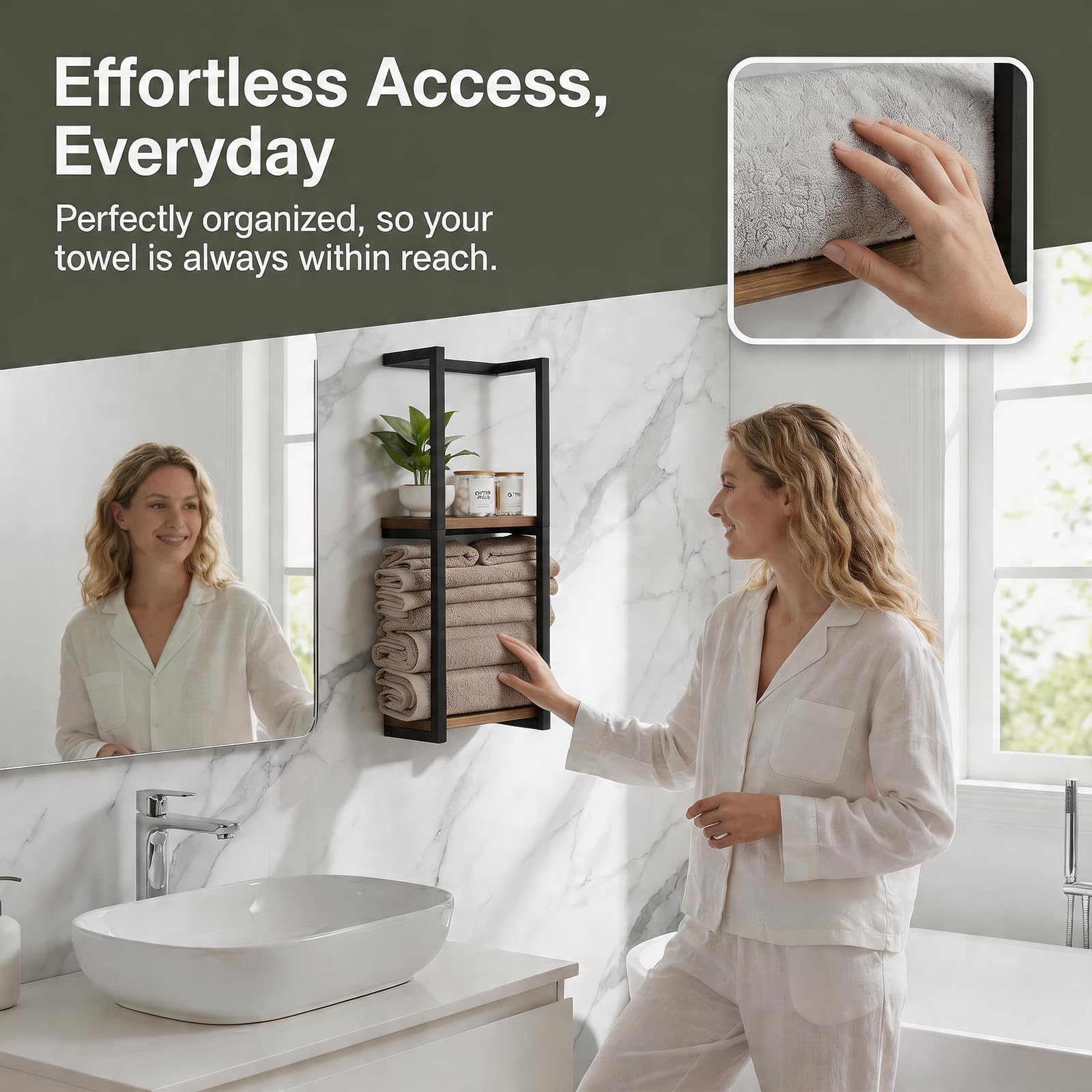 Toallero de pared para toallas de baño, toallero vertical para almacenamiento, estante de baño de metal inoxidable para hasta 8 toallas, almacenamiento de toallas para baño pequeño, color negro