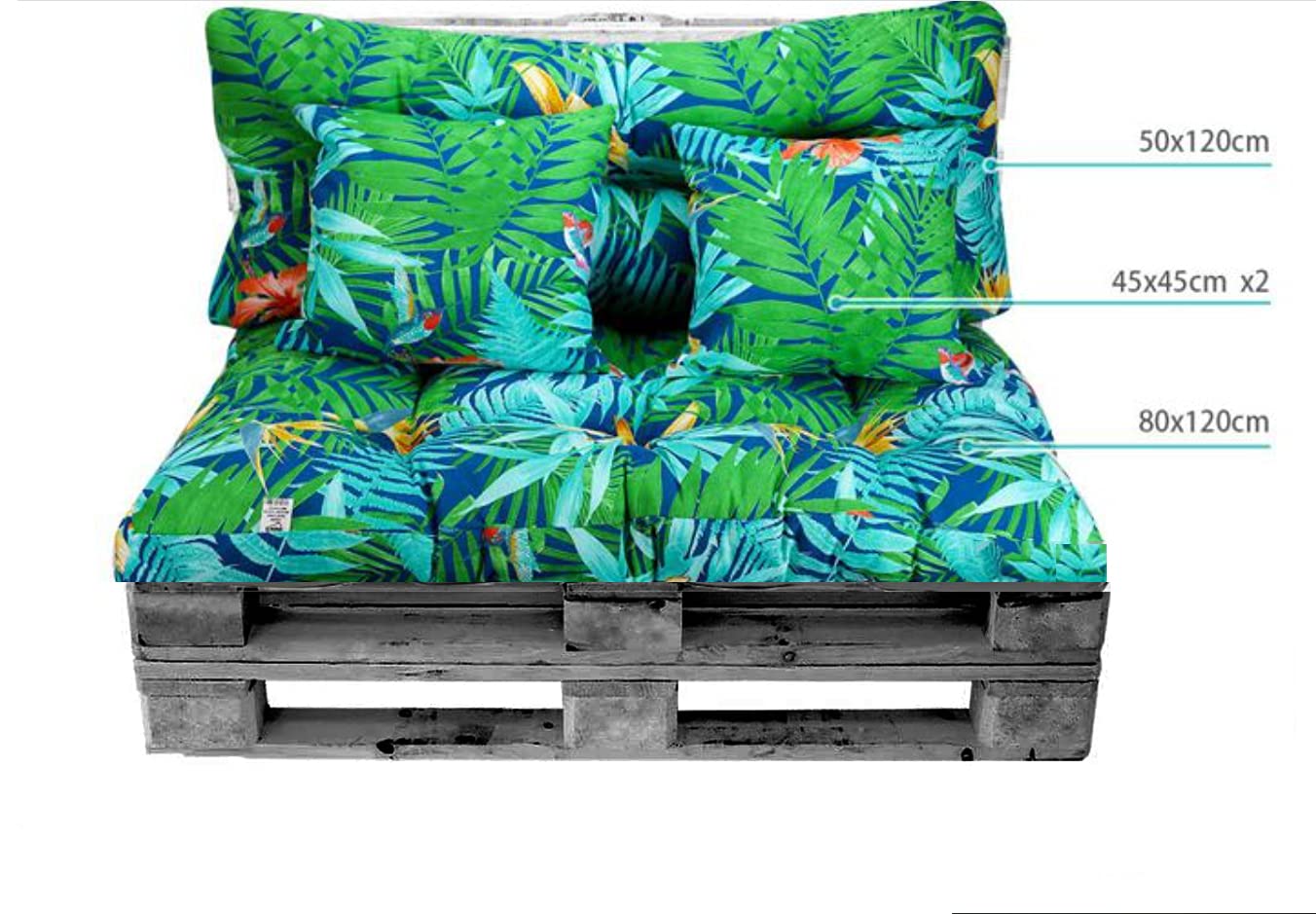 Pack de Cojines PALET (asiento + respaldo + 2 cojines decorativos) para europalets. Conjunto de Cojín para Palets. Ideal para terrazas, jardines y salones, Relleno de calidad (Ramas Verdes y Flores)