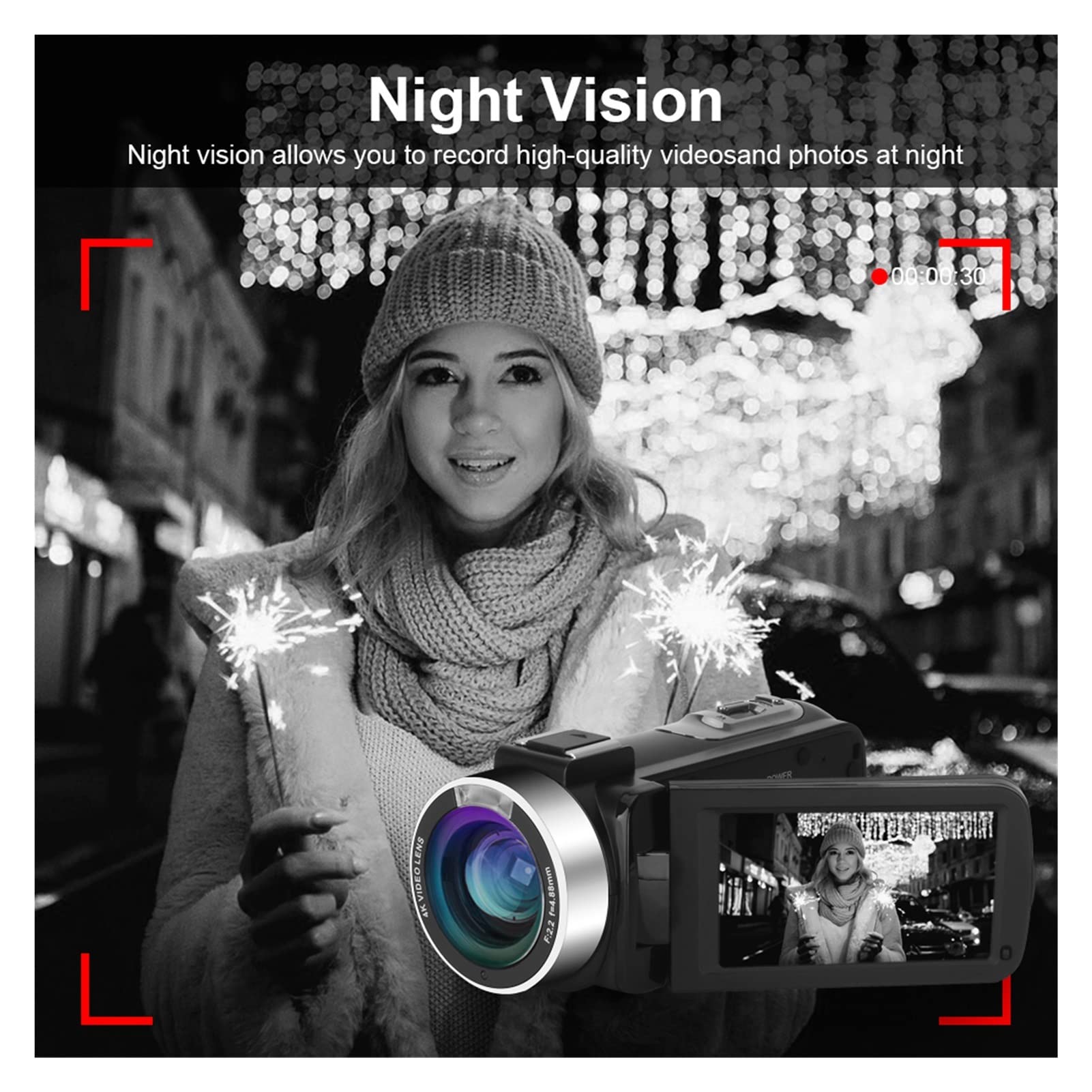 Kamera Wideo, Kamera kamery wideo 4K z mikrofonem 16x Cyfrowy zoom Vlogging Camera 5 6mp IR. Night Vision WIFI Funkcja 3,0 cala ekran dotykowy do internetowej(32G SD canrd,K1-Gray Kit)