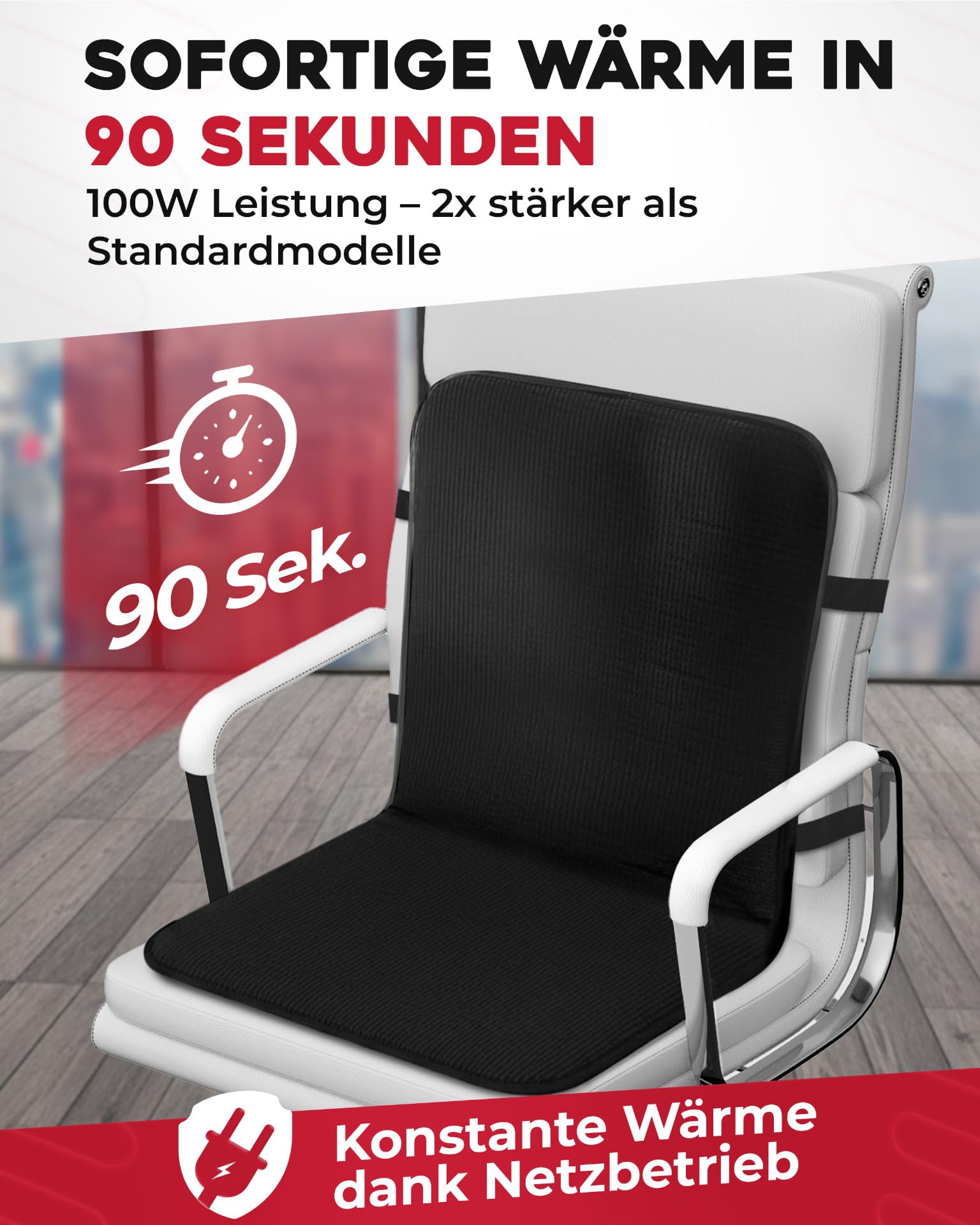Delindo Lifestyle Sedia da ufficio riscaldabile, 43 x 94 cm, cuscino per seduta e schienale con 3 livelli di temperatura, 2 zone di riscaldamento, colore nero