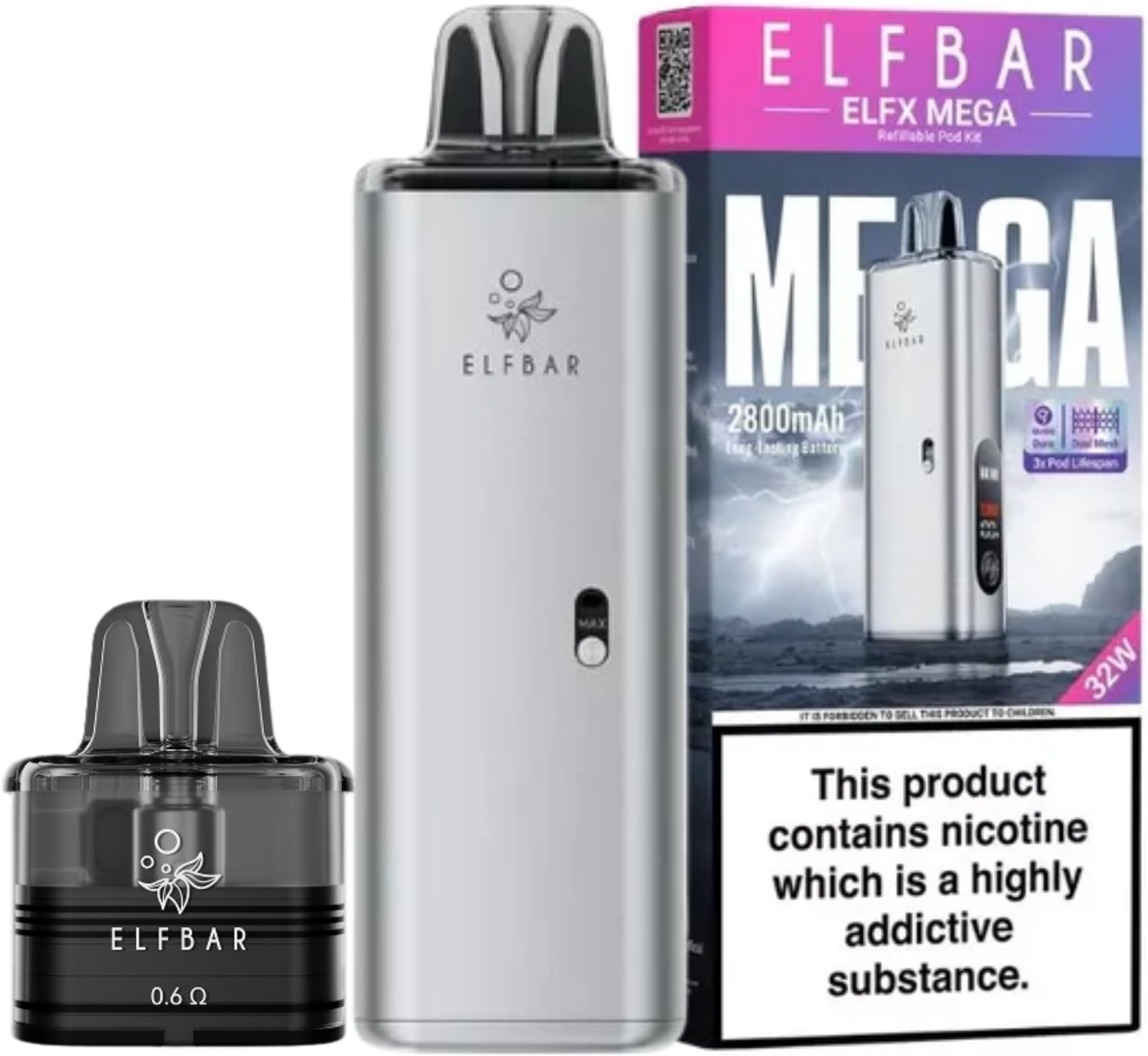 Elf bar Elfx Mega Vape Pod Kit 2800mAh, Long-Lasting 14-Day Battery, 32W Output, Available in 6 Colours, 5V/2A Fast Charging, Dual Mesh, Eco & Turbo Mode, Refillable, No Nicotinet (Silver)