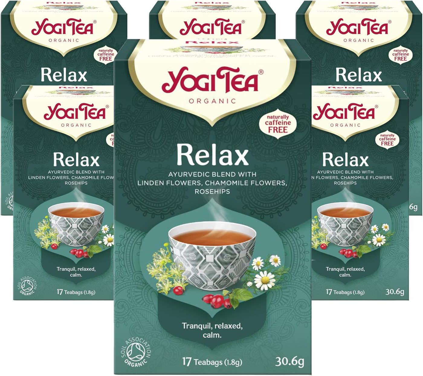 Yogi Tea, Relax, Organic Herbal Tea, Naturally Caffeine Free, Blend of Linden Flowers, Chamomile Flowers and Rosehips, 6 Packs x 17 Tea Bags (102 Teabags Total)