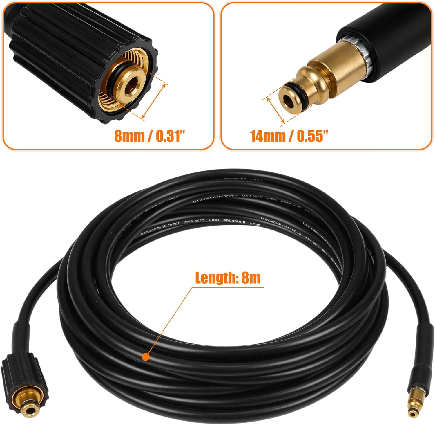 18Mpa M22 Pressure Washer Hose for Powryte, Replacement Car Electric Washer Hose Jet Power Fit for LUTIAN for SunJoe for Rock&Rocker Von3.2 for Nilfisk C100 C110 C120 C130 C140 (8Meters/26ft)