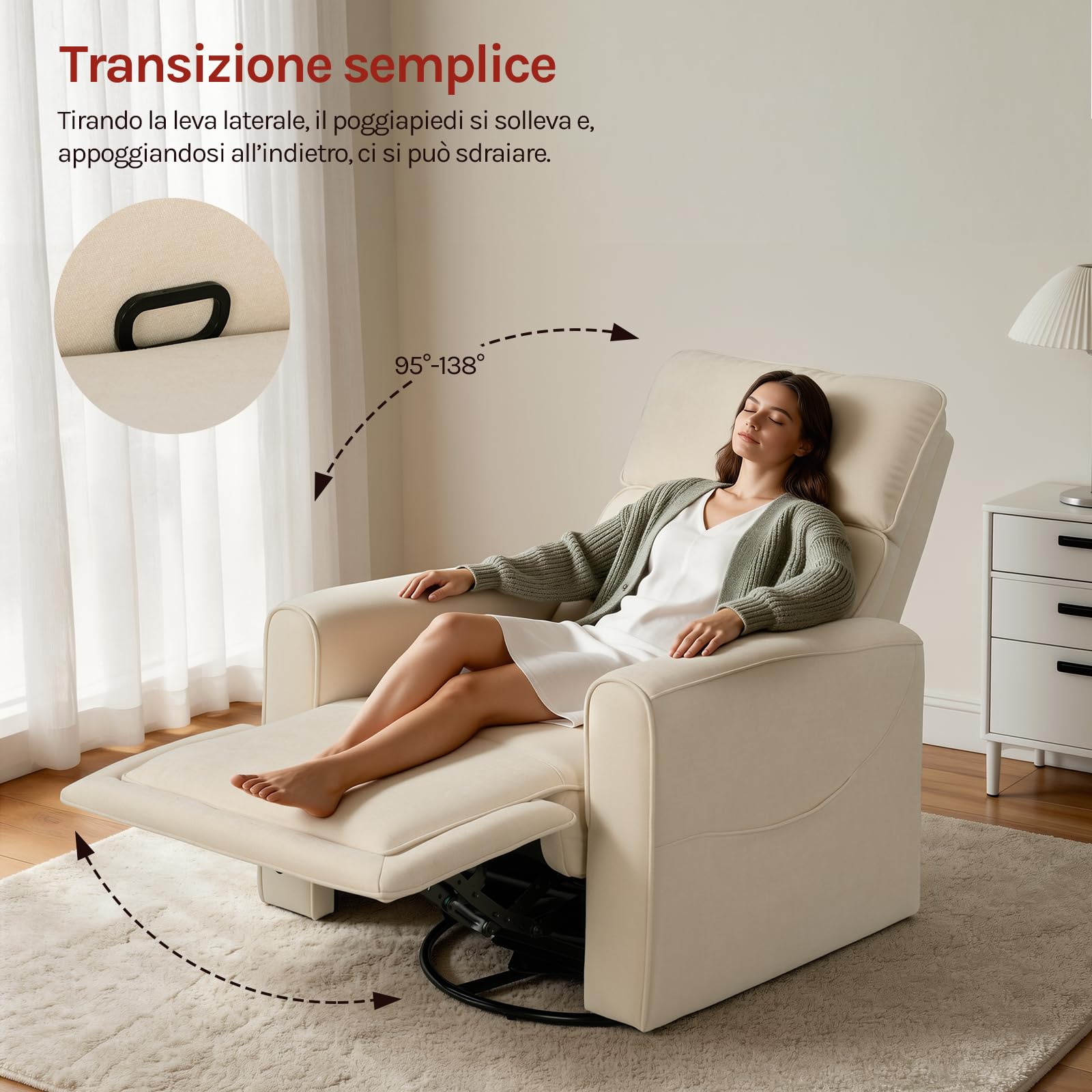 WOLTU Poltrona Reclinabile Massaggiante con Funzione Riscaldamento, Sedia Ergonomica, Girevole e Oscillante, con Poggiatesta, Tasche Laterali e Porta USB, per Soggiorno, Camera da Letto, Beige