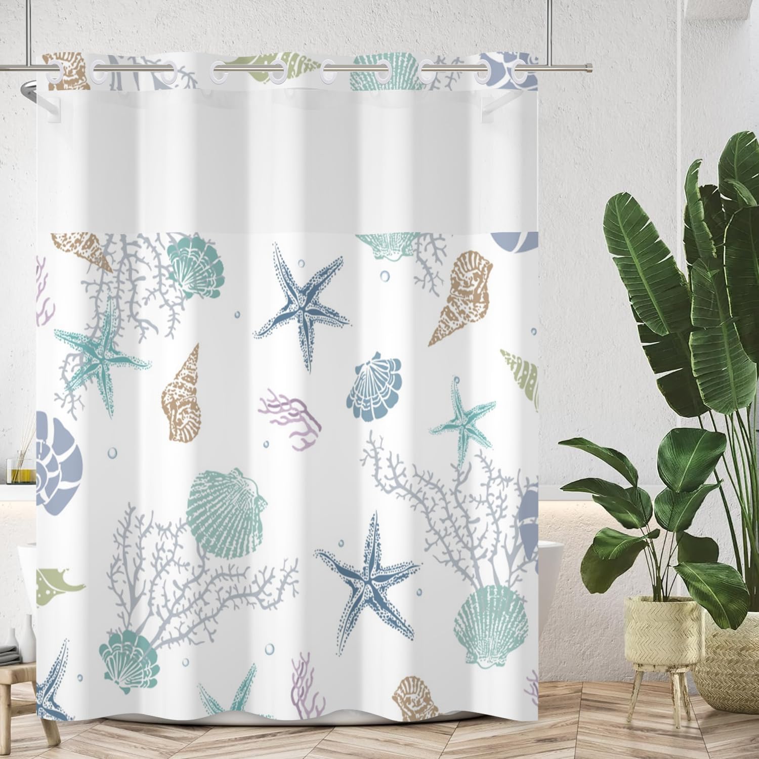 No Hook Shower Curtain Nautical Coastal Shower Curtain with Snap in Liner Set Ocean Beach Coral Starfish Bathroom Curtains No Hook Double Layers Fabric Washable 71x74 Inch