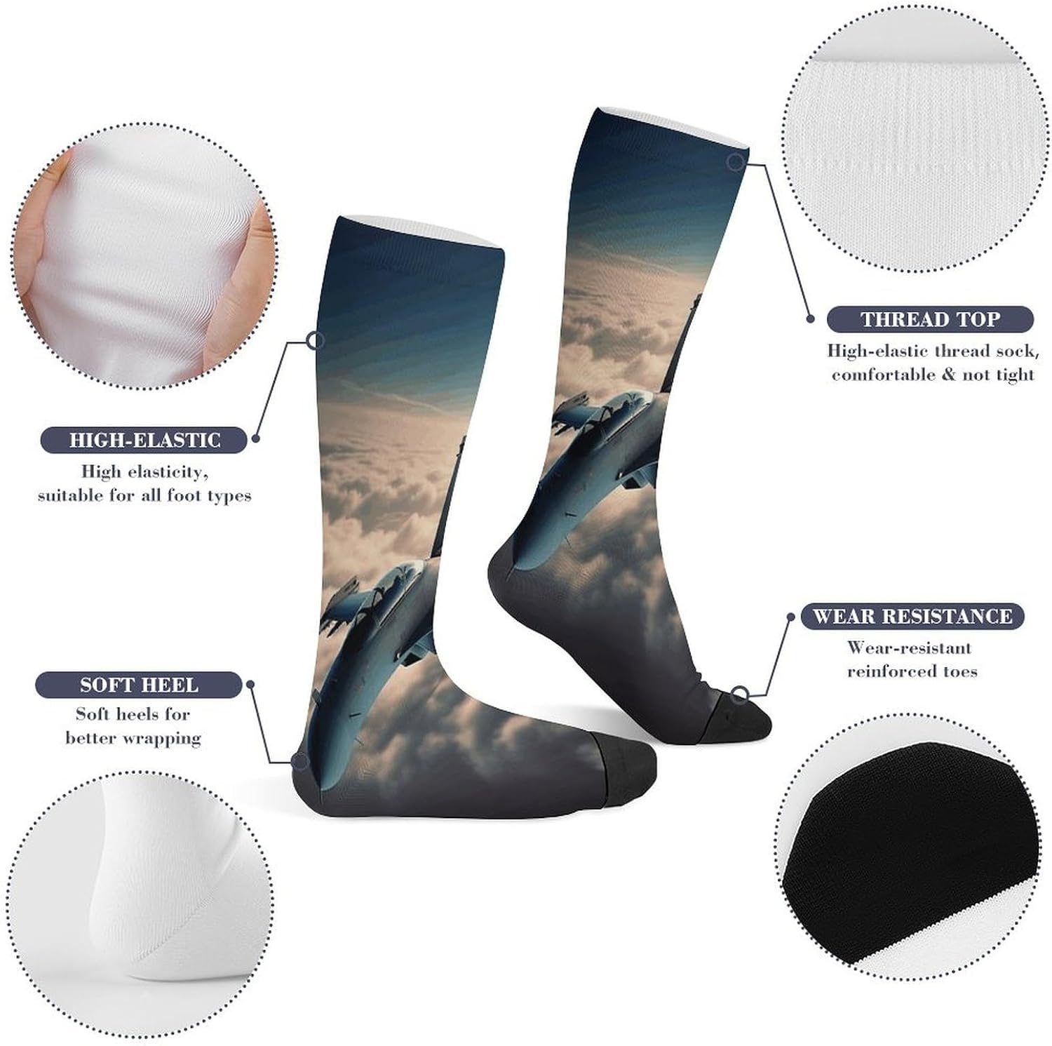 Aircraft Fighter Jets Compression Sock Circulation Support Socks Lightweight Knee High Tube Sock Over-The-Calf Sock for Adult