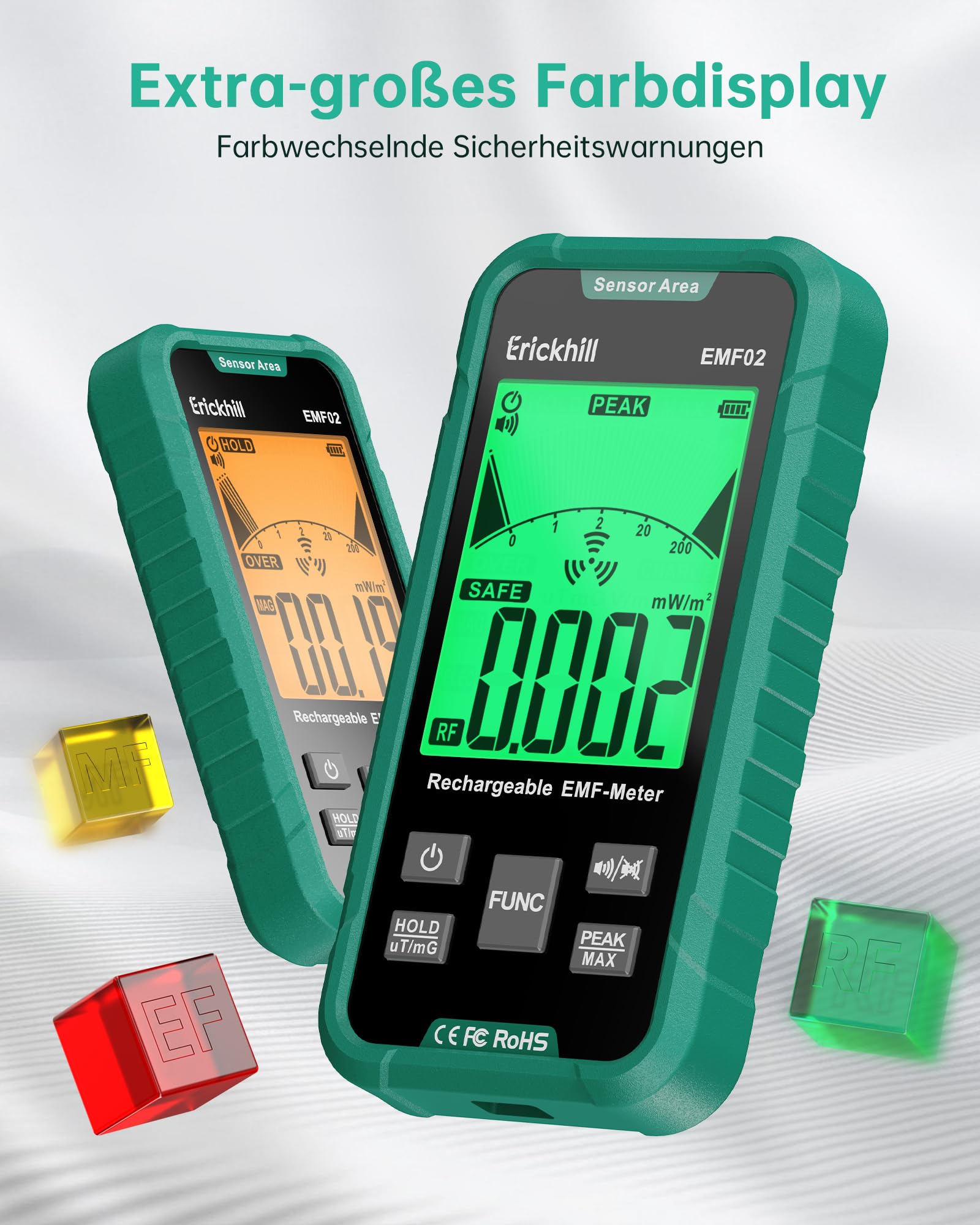 ERICKHILL EMF Messgerät, 3-in-1 Tragbares Elektrosmog Messgerät & Geisterjagd Equipment für RF, EF, MF & WLAN, Strahlungsmesser mit 3-Farben Alarm, Wiederaufladbarer Akku für Zuhause, Büro & Outdoor