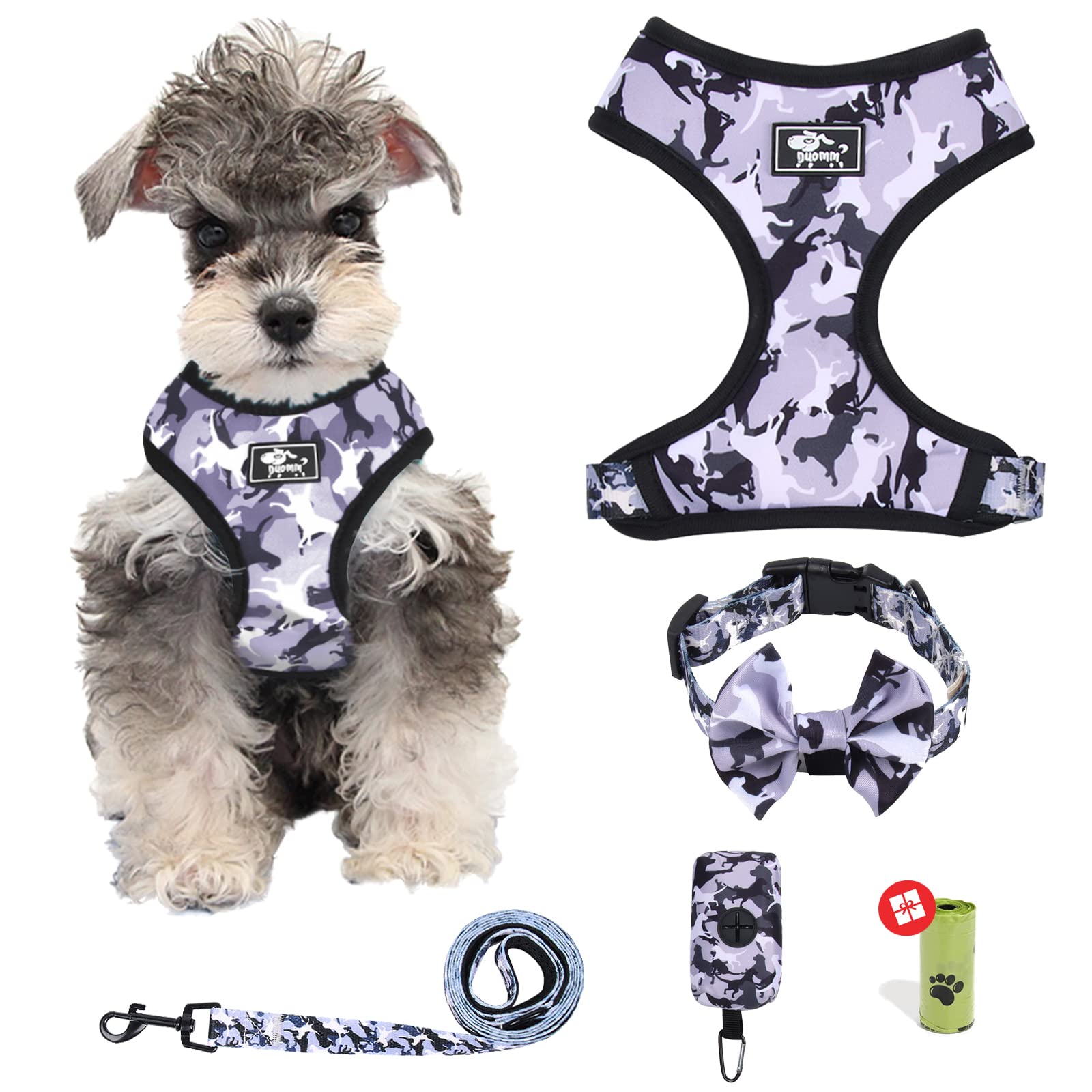 Dog Harness and Leash Set for Small Dogs, Adjustable Reflective No Pull Dog Vest Harness for Puppy with Bow-tie Collar, Leash and Poop Bag (L, Grey Camouflage)