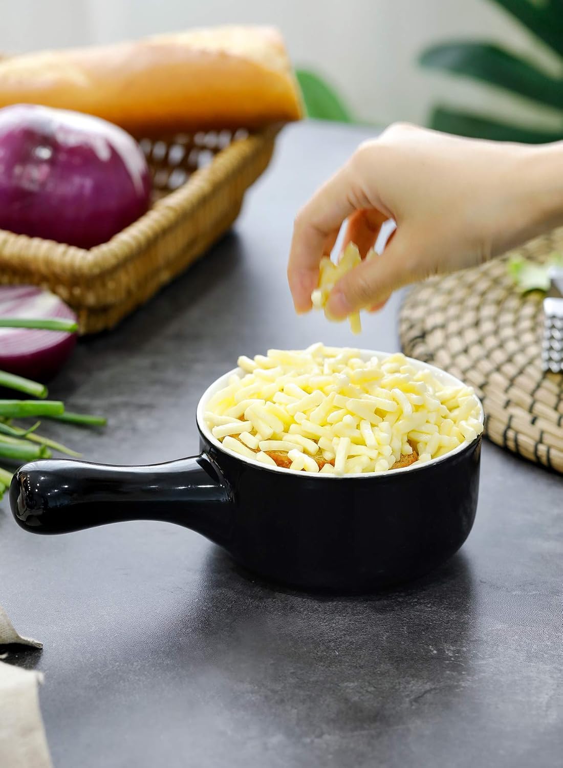  | Sweese 109.112 Porcelain Onion Soup Bowls with Handles - 15 Ounce for Soup, Cereal, Stew, Chill, Set of 4, Black: Soup Bowls