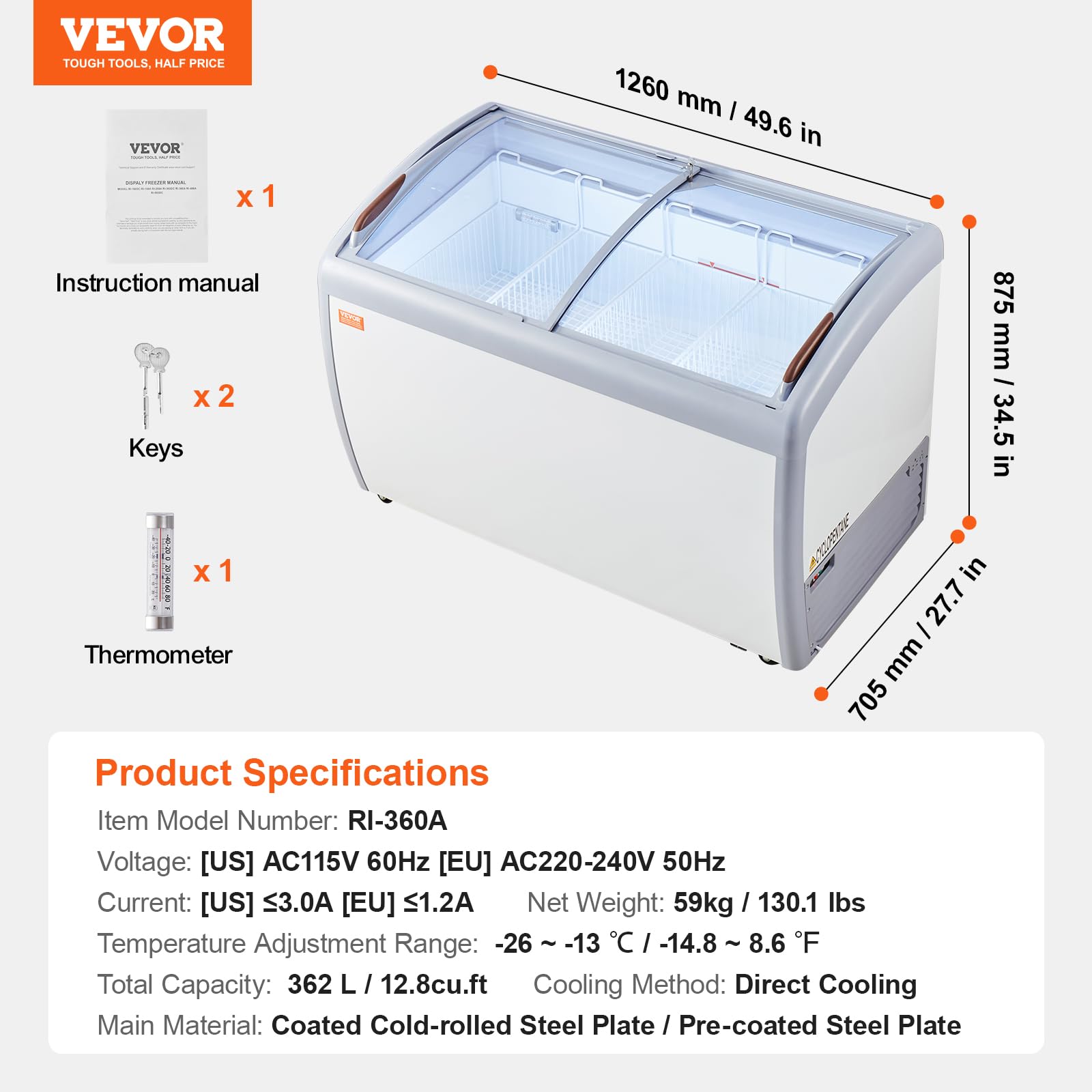 VEVOR Vetrina per Gelato Commerciale 362 L Congelatore Mobile con Piano in Vetro, Armadietto per Gelato per Ristorante, 4 Cestelli Metallici, 2 Porte Scorrevoli in Vetro, Ruote con Bloccaggio, Bianco