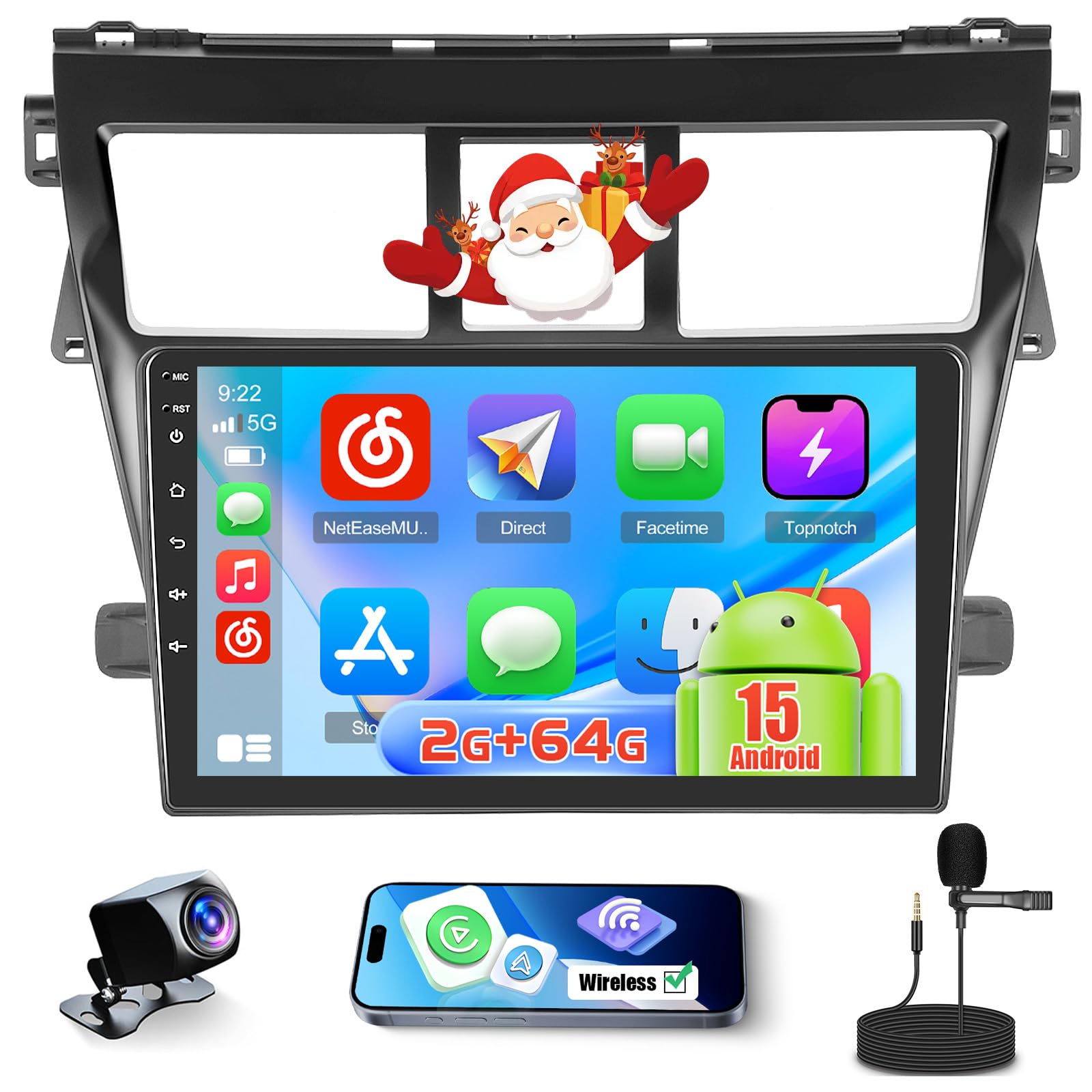 [2+64GB] Realdio Android 15 Car Radio for Toyota Yaris/Vios 2007-2012 CarPlay Android Auto, 9 Inch Touch Screen for Yaris Car Stereo with WiFi GPS