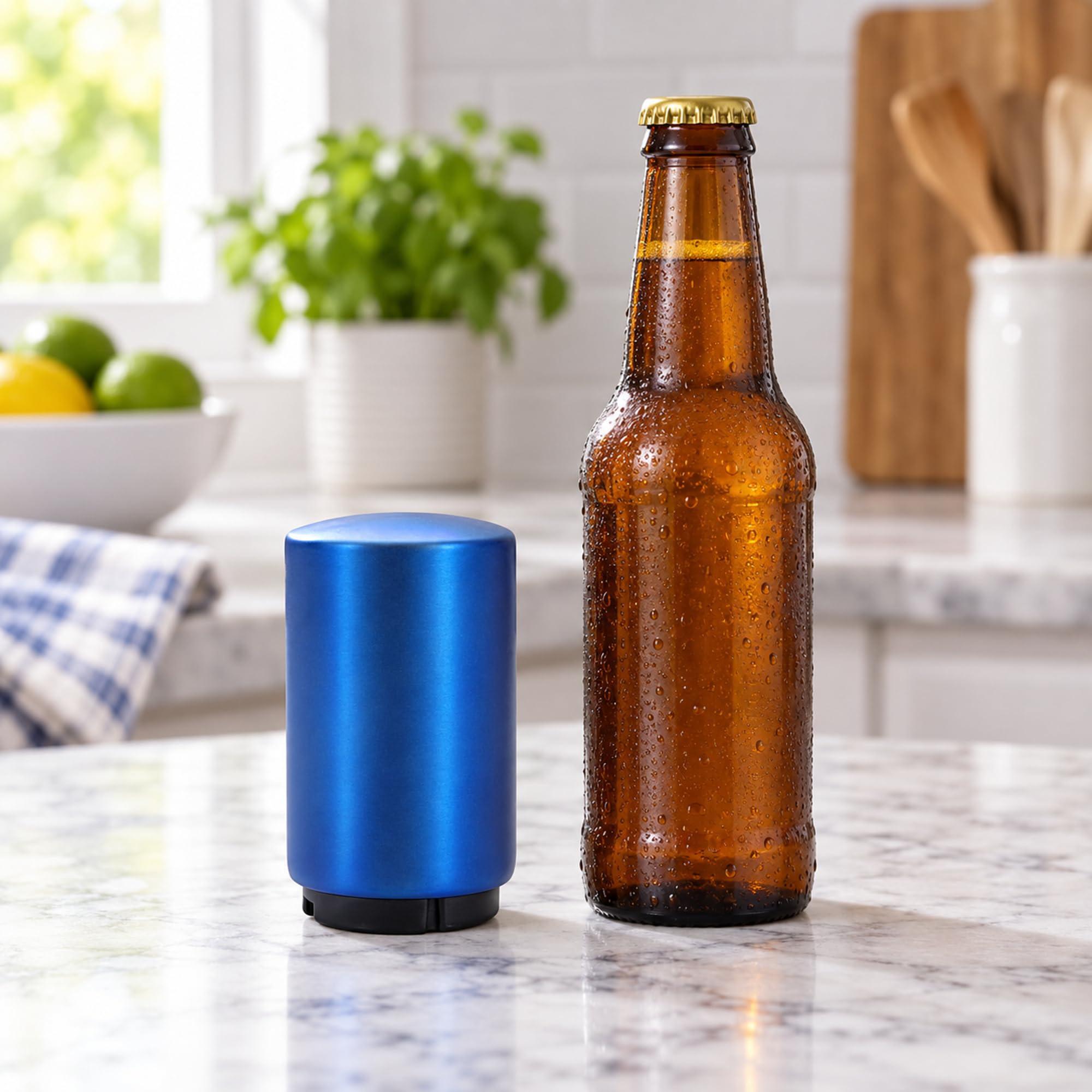 Plastic and Stainless Steel Push Down Bottle Opener for Beer and Soda Bottles, Home Dining and Party Drink Service