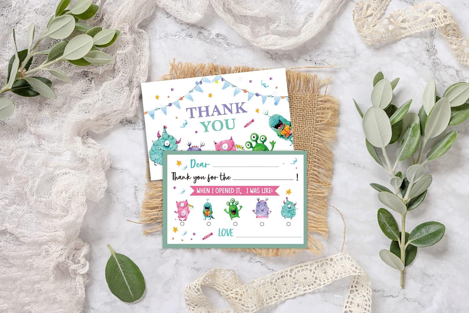 QOFO Cartoon Cell Fill in the Blank Thank You Cards,Bacteria Thank You Card,Gender Neutral Thank You Notes,For Boys Birthday Party,Event,or Holiday Use,Thank You Notes with Envelopes Set of 25-GXK13 - Image 3