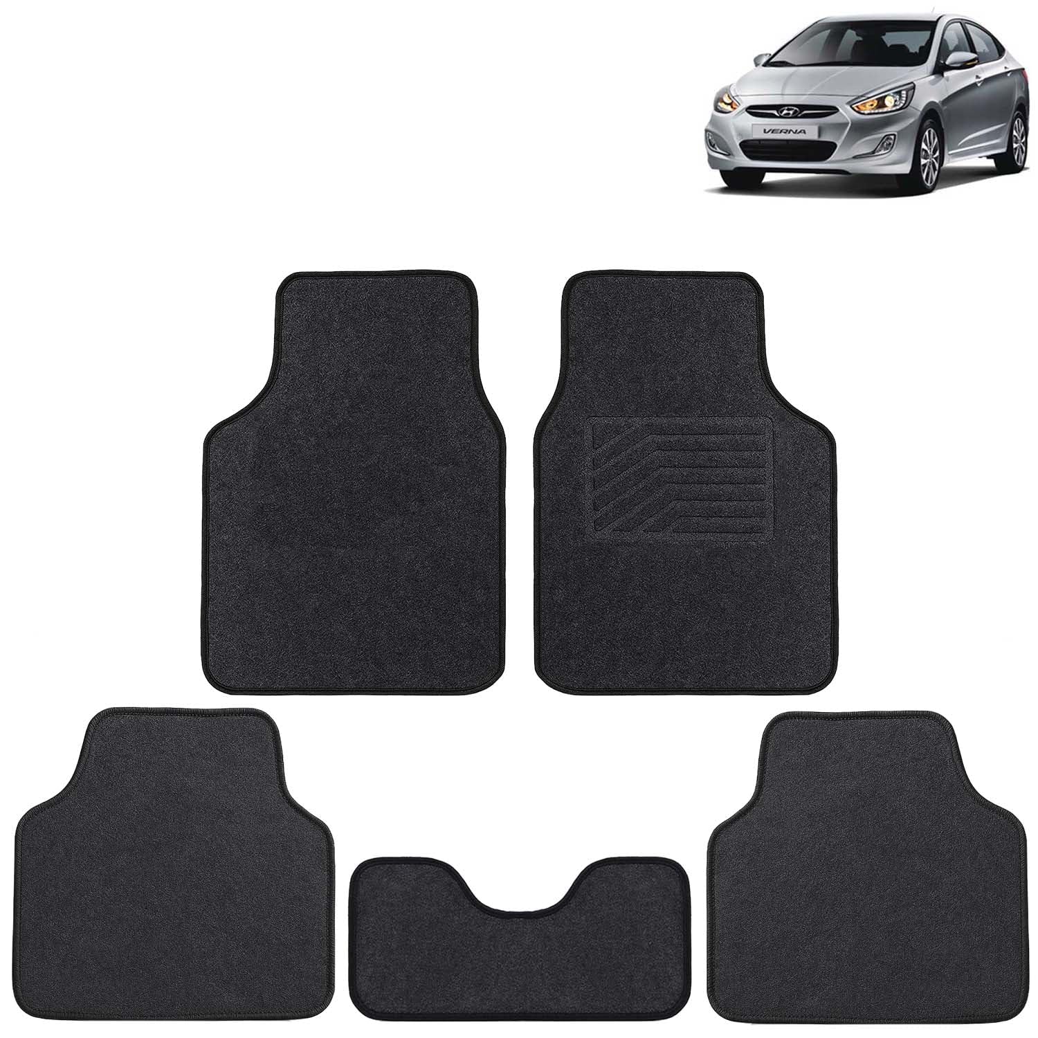 KINGSWAY Accessories Anti Slip Carpet Foot Mats Compatible with Hyundai Verna (Year 2011-2016 - All Model) | Set of 5 Pcs | Universal Fit Car Mats Designed to Protect Your Car Floor | Black